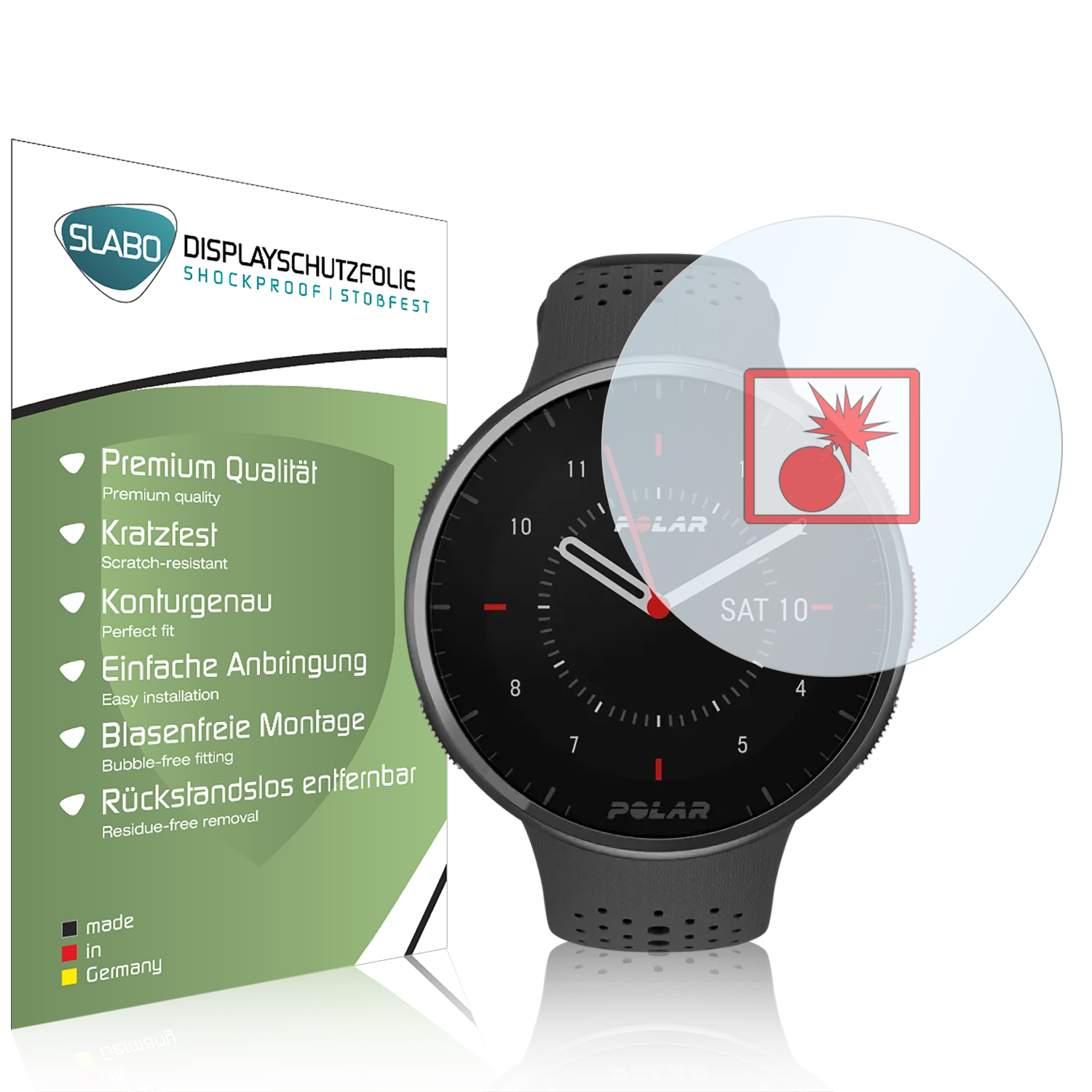 Eine Polar-Marken-Smartwatch mit Displayschutzfolie und einem Diagramm, das ihre Funktionen veranschaulicht.