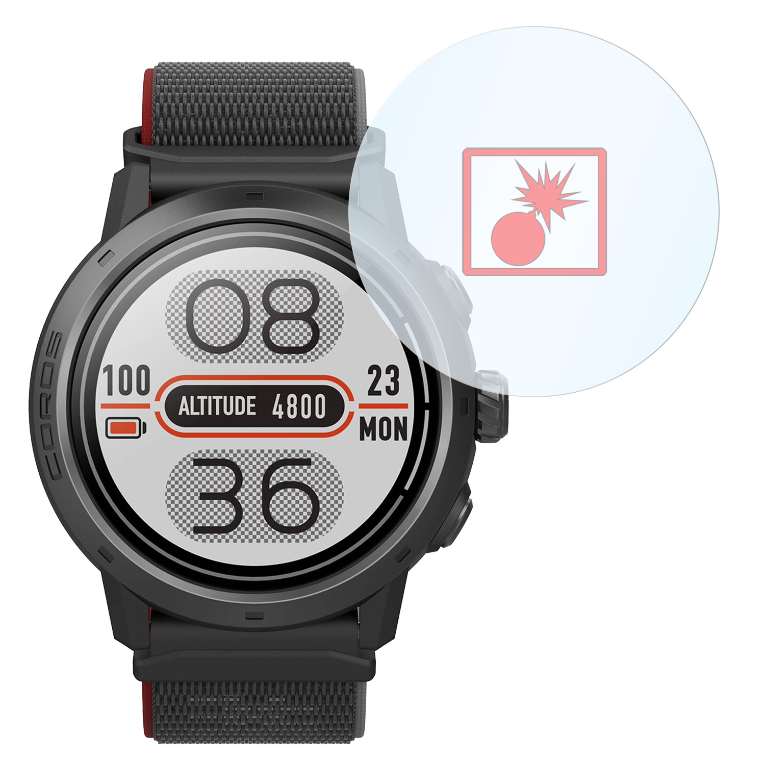 Smartwatch mit Display. Ein Explosionssymbol ist überlagert.