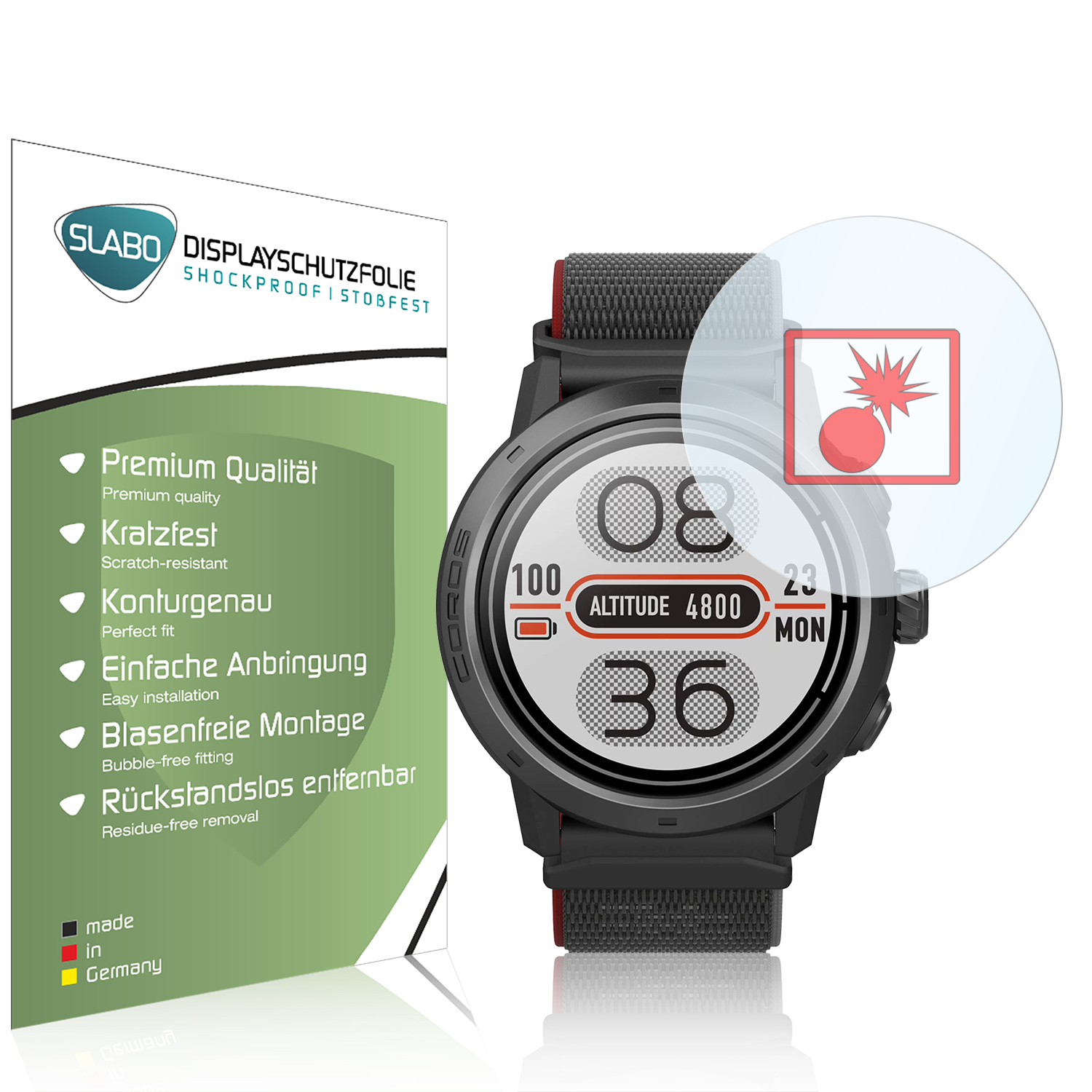 Smartwatch mit Schutzfolie, Bildschirm zeigt Daten und Etikett.