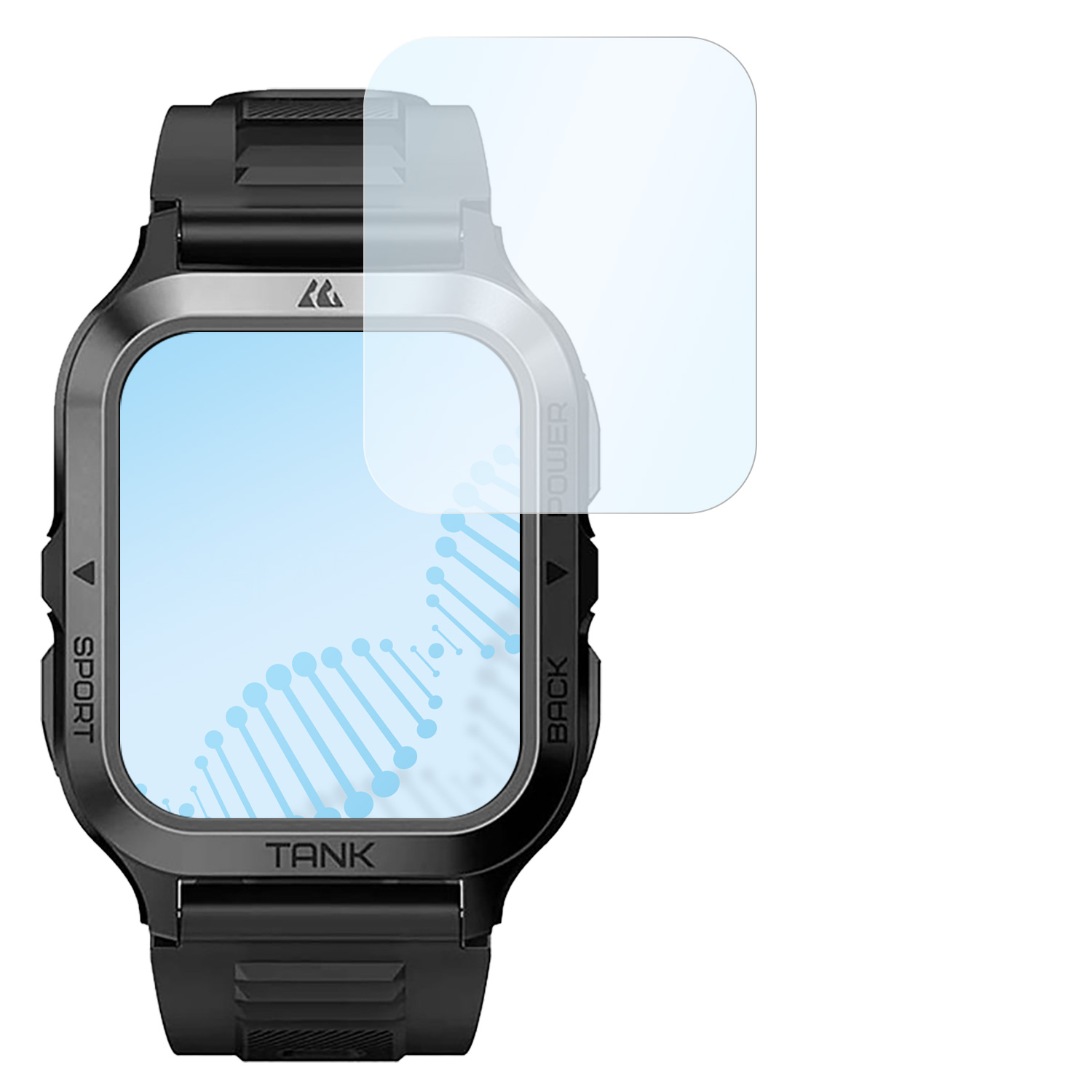 Eine schwarze Smartwatch mit blauem Display, das einen DNA-Strang zeigt, und einer Schutzfolie.