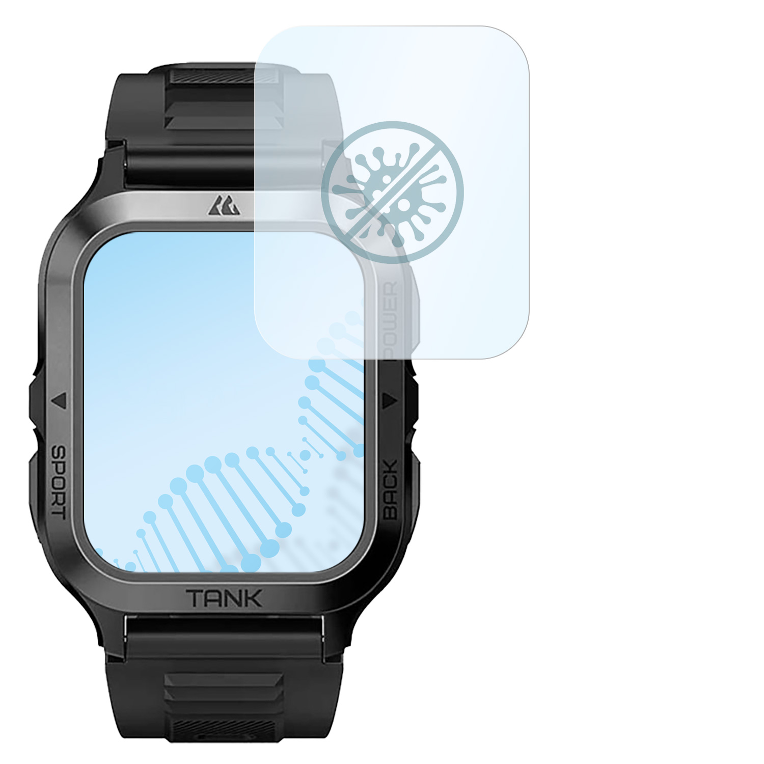 Schwarze Smartwatch mit Displayschutz, schwarzes Armband, Bildschirm zeigt die Uhrzeit.