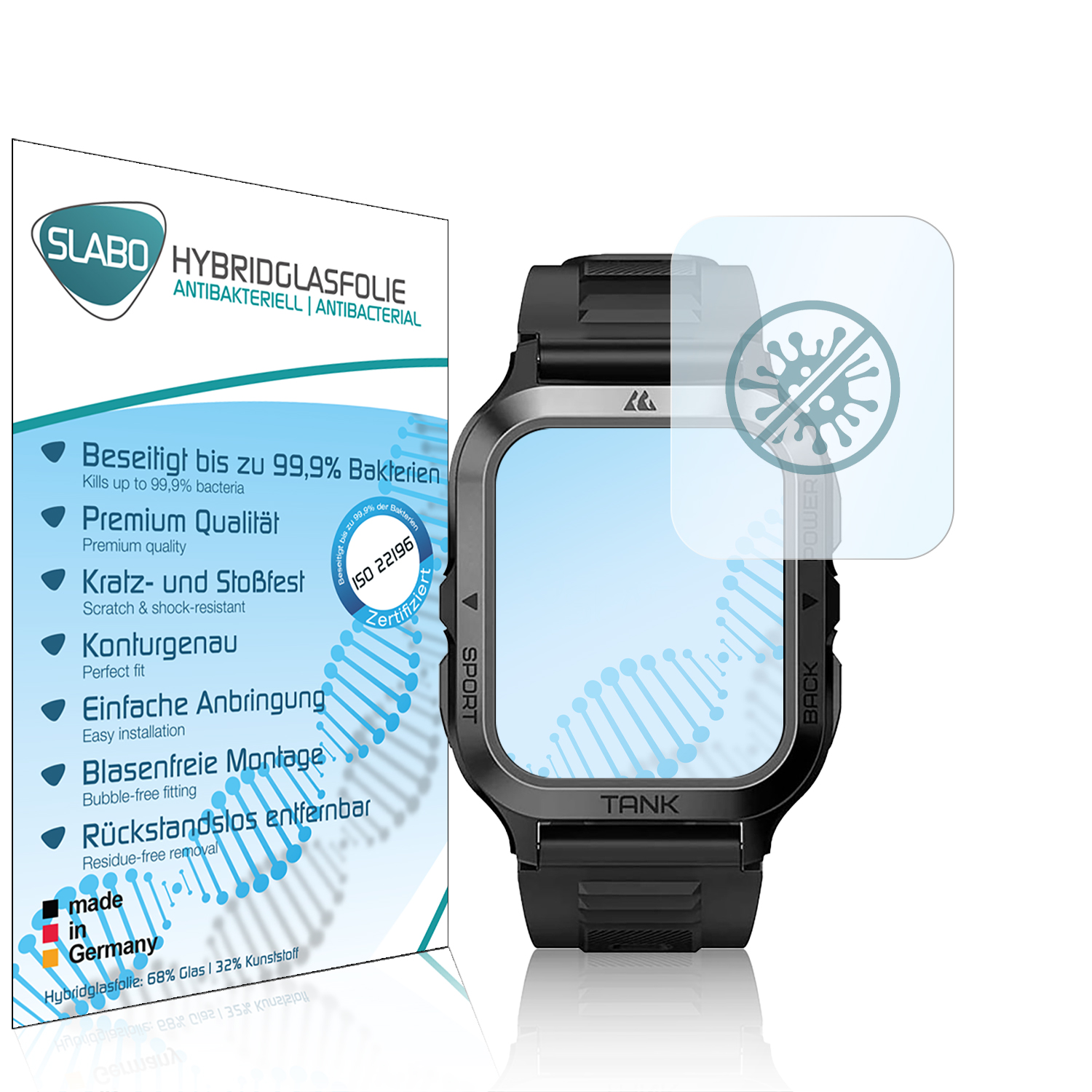 Eine schwarze Smartwatch mit Displayschutzfolie und weißem Hintergrund.