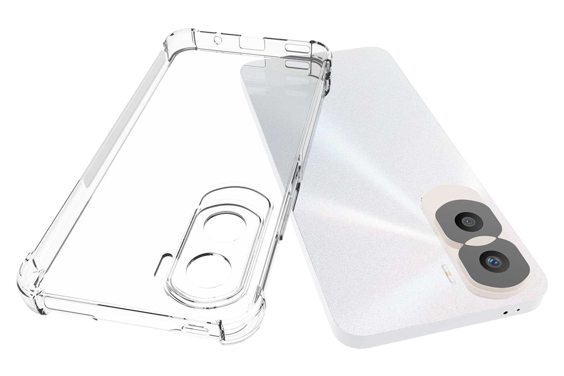 Eine transparente Handyhülle und ein weißes Telefon mit Kamera. Die Hülle ist abgenommen.