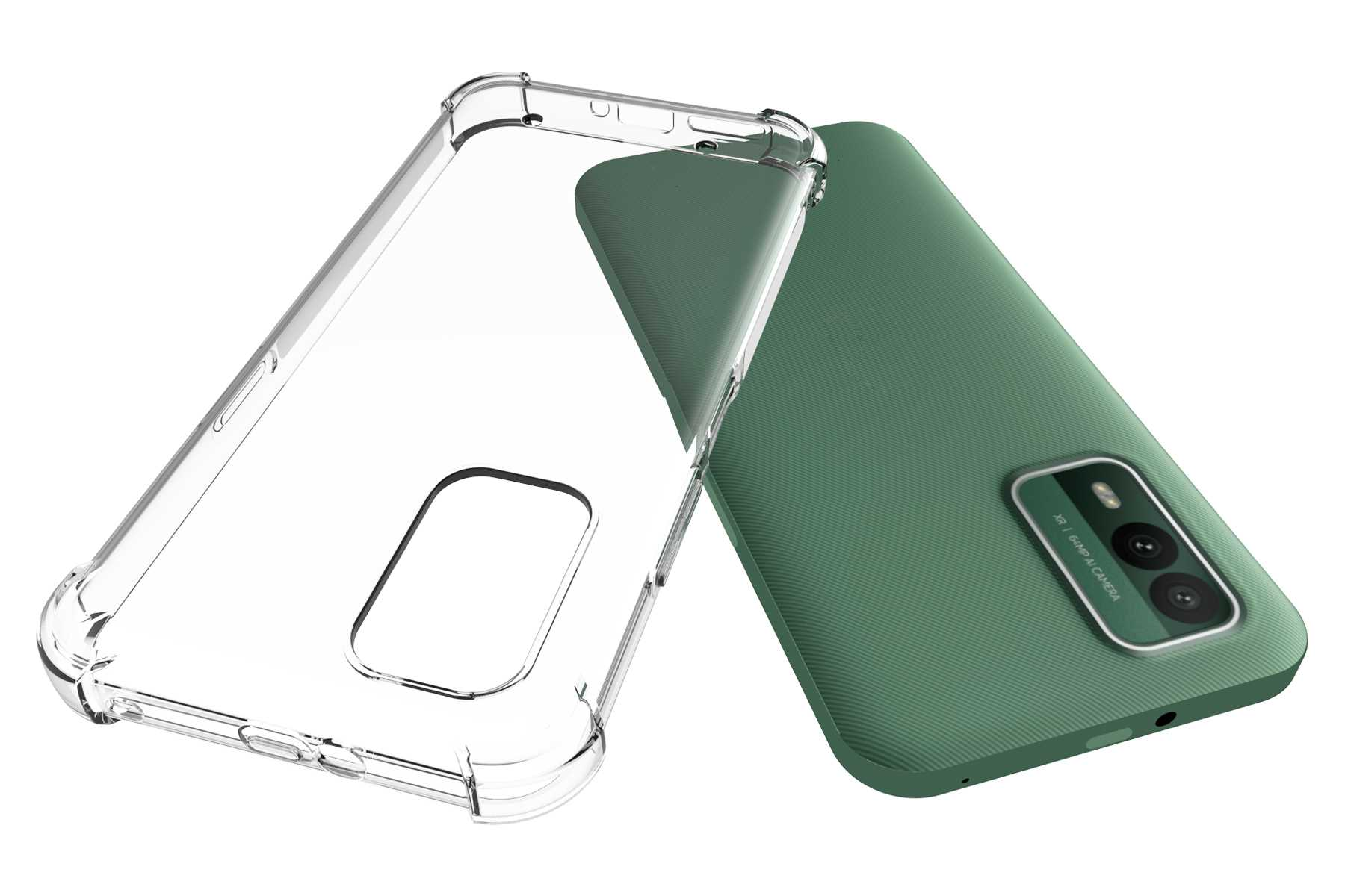 Eine Handyhülle und ein Telefon zusammen, grüner Rücken und klare Seite.