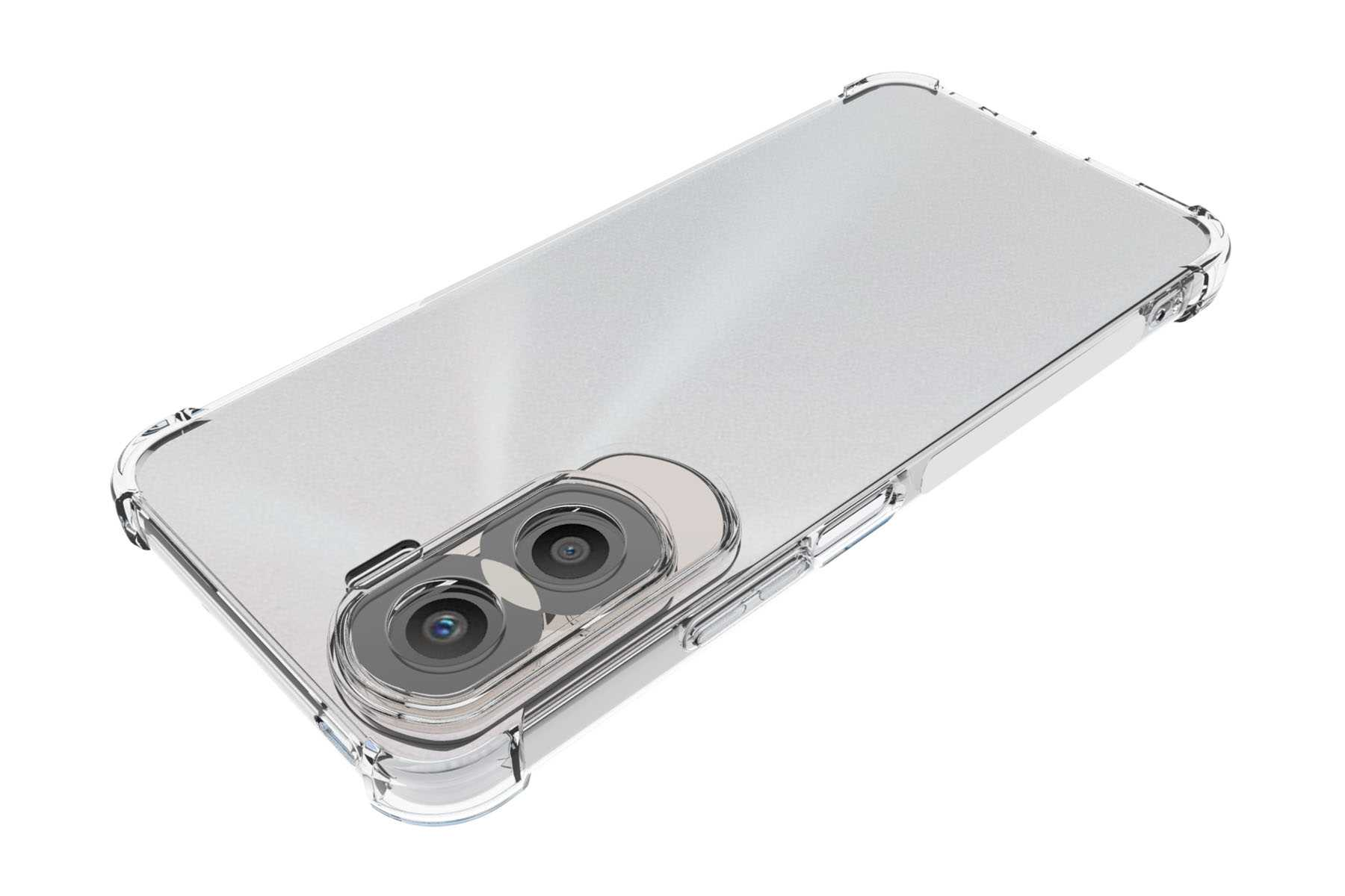 Smartphone mit durchsichtiger Hülle, Kameralinsen sichtbar, schräge Ansicht.