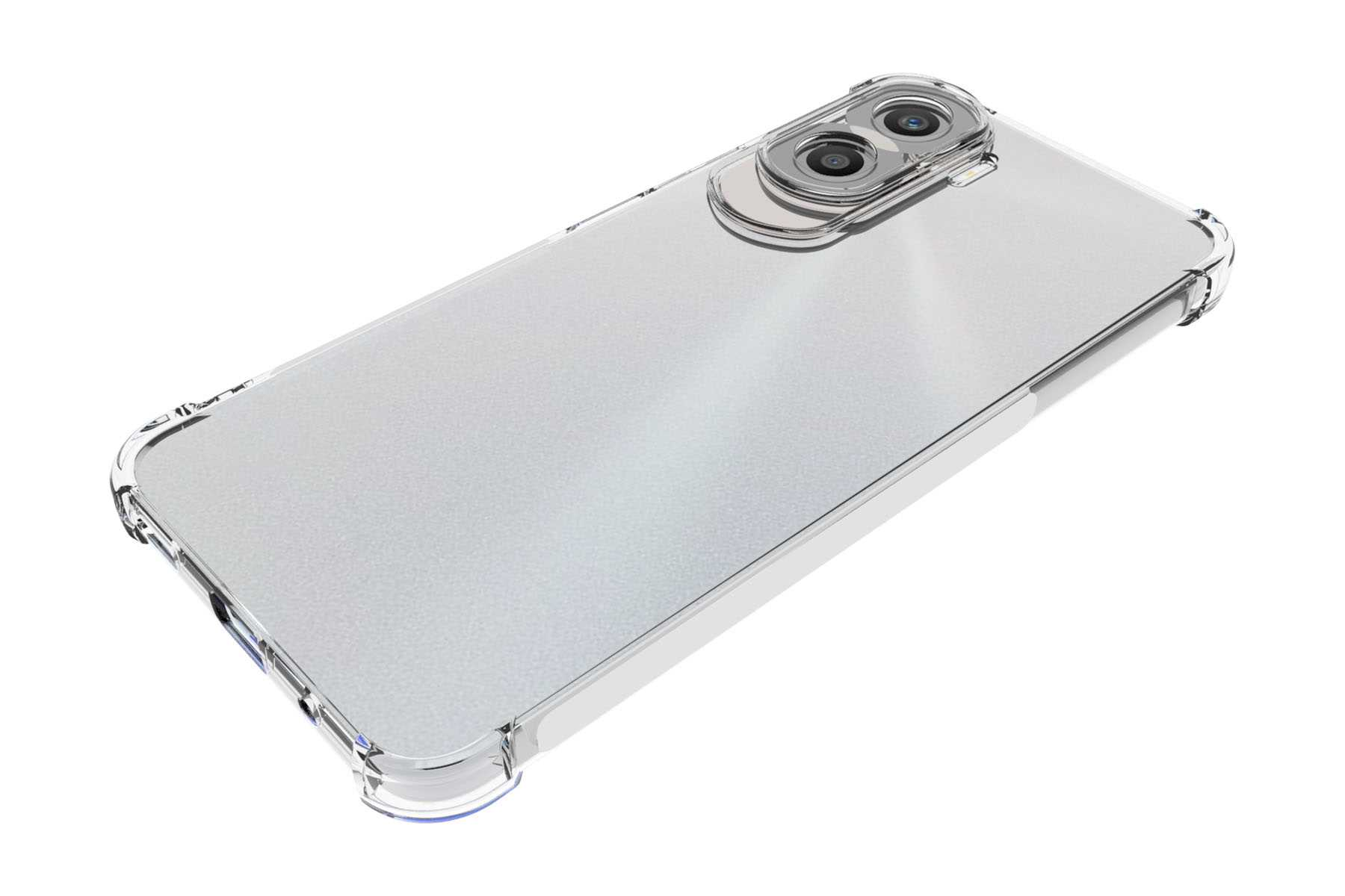 Silbernes Telefon mit transparenter Hülle, schräge Ansicht, auf weißem Hintergrund, Rückseite.