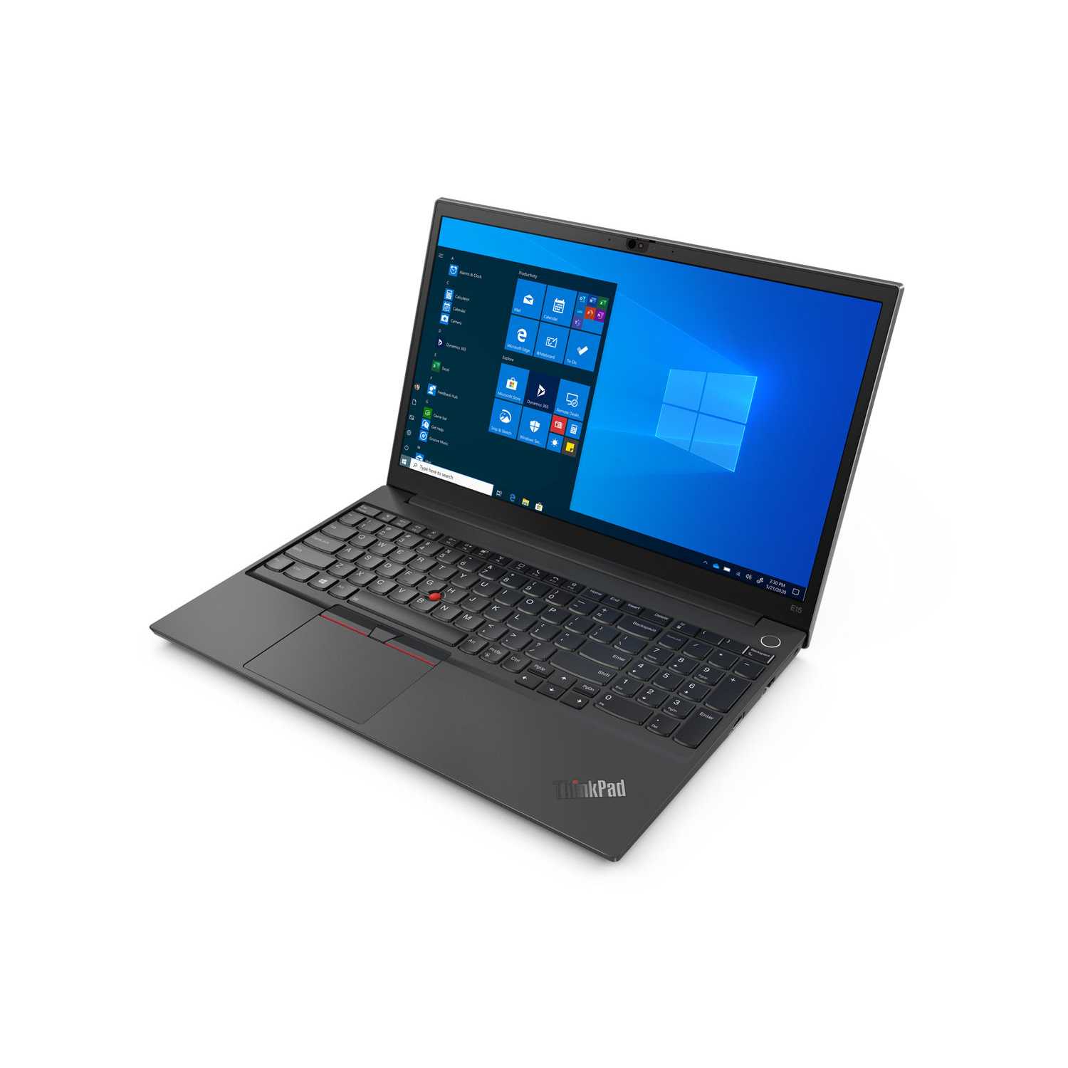 Ein schwarzer Laptop-Computer mit Windows-Oberfläche auf dem Bildschirm, auf weißer Oberfläche.
