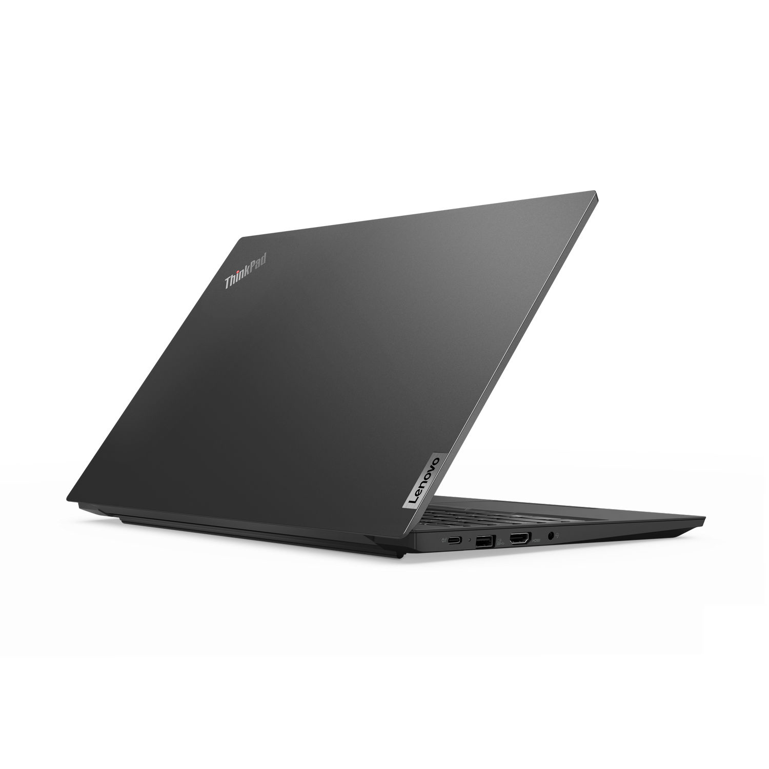 Laptop von hinten, schwarzes ThinkPad mit Lenovo-Logo, auf weißem Hintergrund.