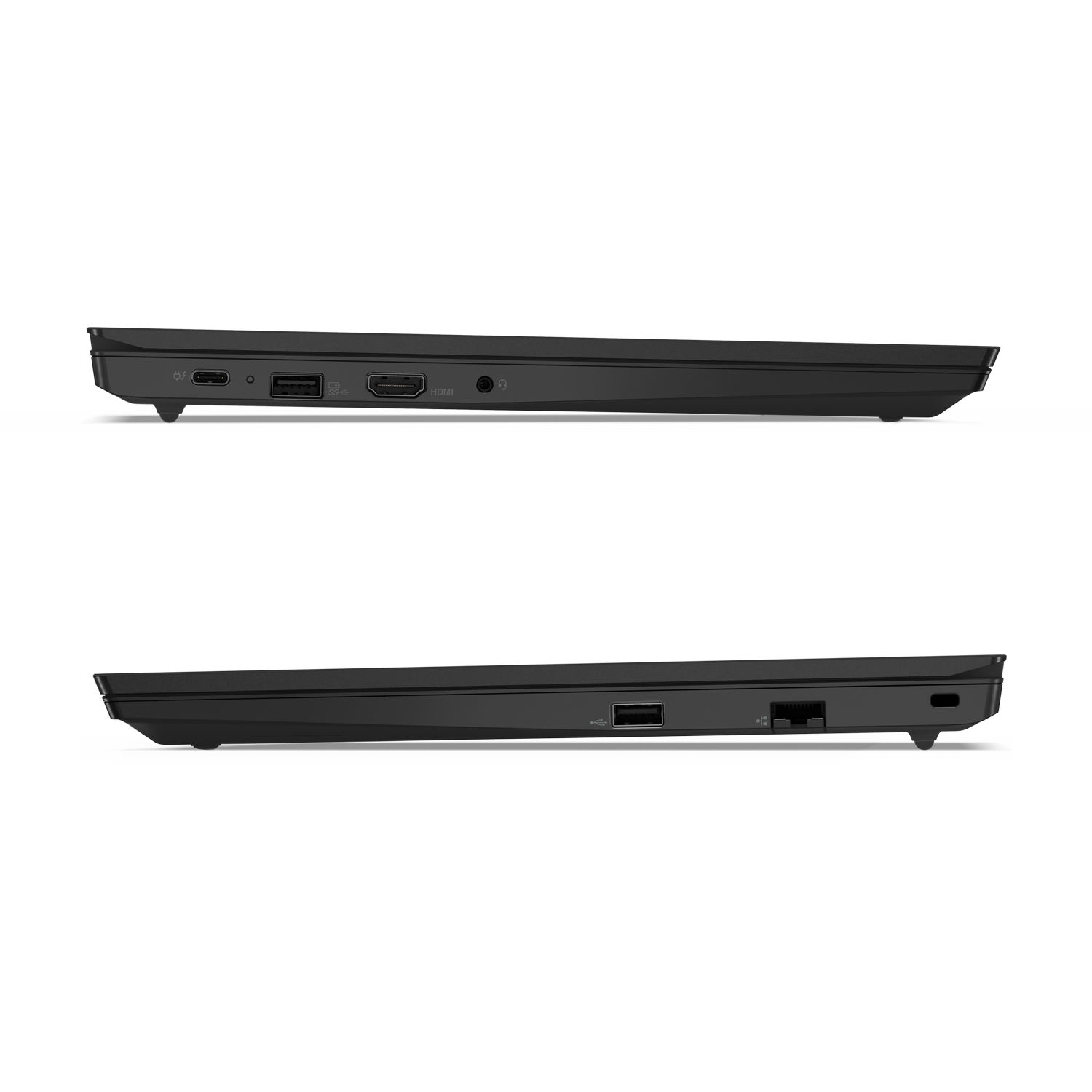 Schwarzer Laptop von der Seite. Zeigt Anschlüsse für Strom, USB, HDMI und Audio.