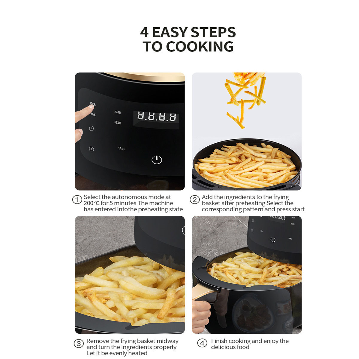 Vier-Schritte-Anleitung zum Kochen von Pommes Frites in einer Heißluftfritteuse.