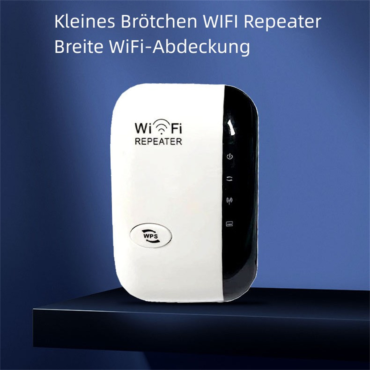 Ein weißer und schwarzer WLAN-Repeater auf einem Regal mit Text oben.