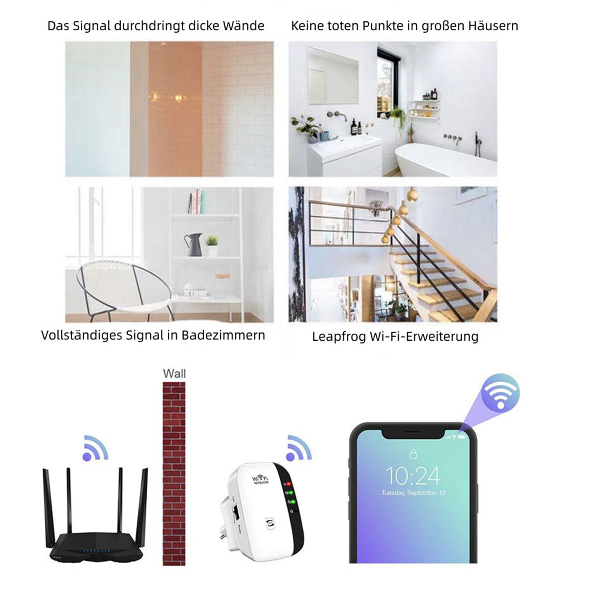 Diagramm eines WLAN-Repeaters. Zeigt das Signal durch Wände und verschiedene Räume mit Geräten.