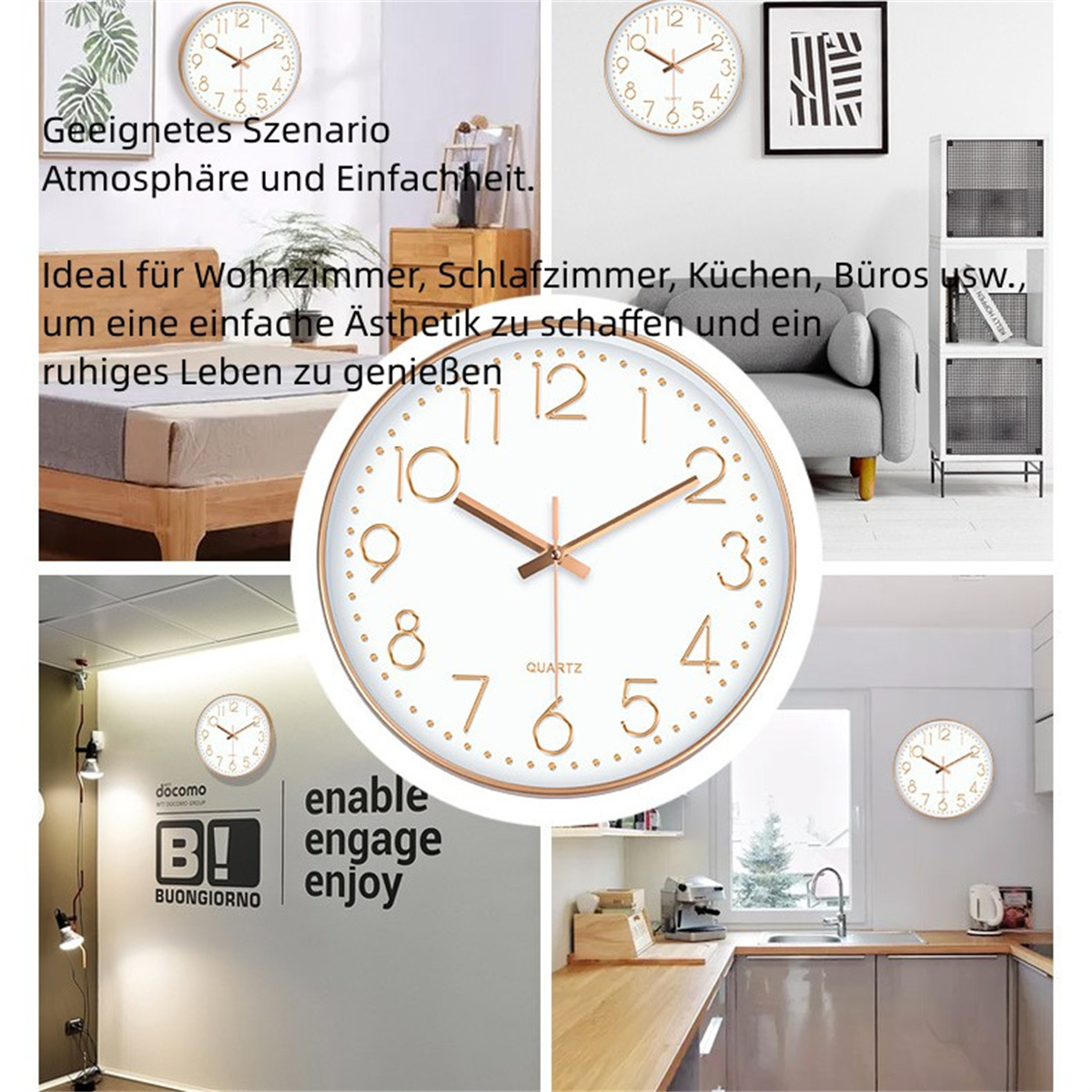 Collage von Uhren an Wänden in verschiedenen Umgebungen, mit Fokus auf eine weiße Uhr mit Goldakzenten.