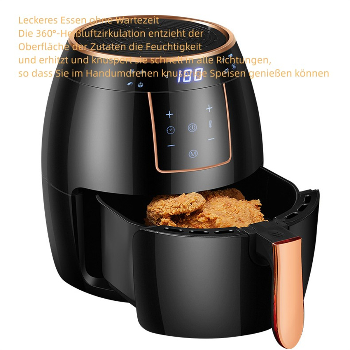 Eine schwarze Heißluftfritteuse mit Essen darin und digitaler Anzeige.