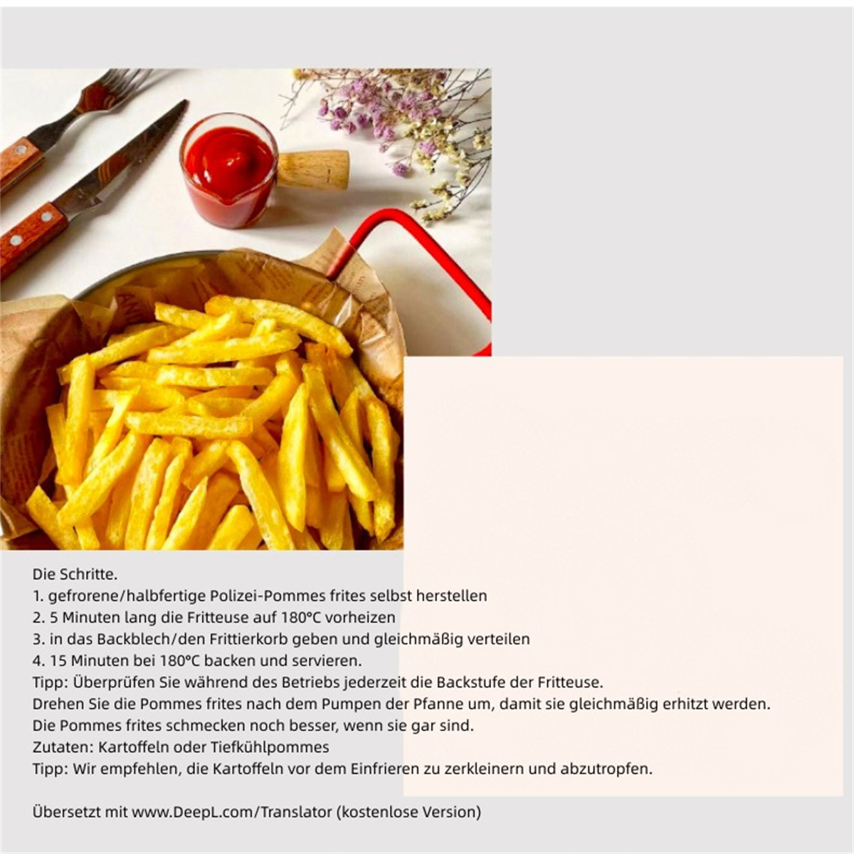 Pommes Frites in einer Metallschüssel, Ketchup, Besteck und Textanweisungen zur Herstellung von Pommes.