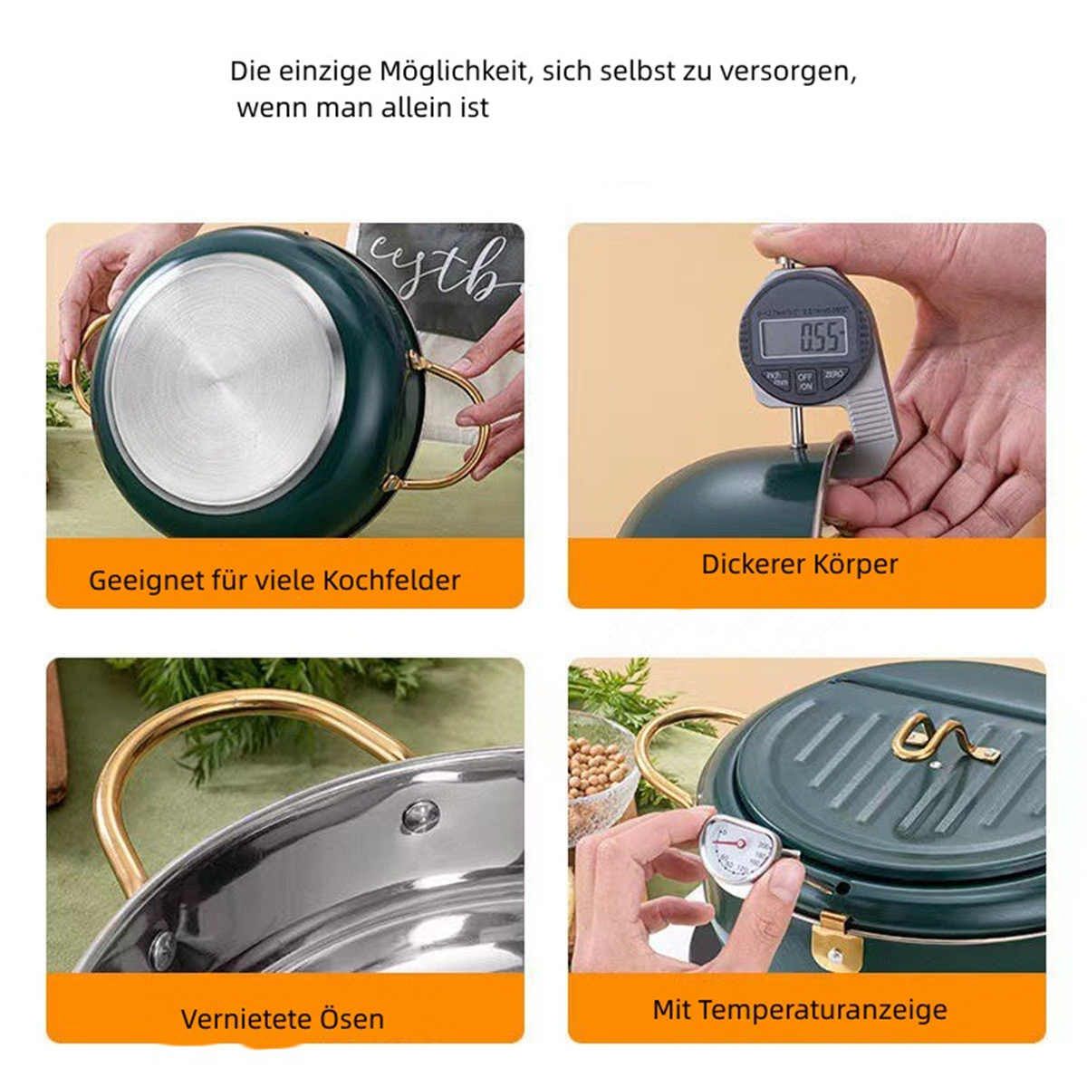 Vier Bilder zeigen einen grünen Kochtopf, ein Messwerkzeug, ein Thermometer und Details zum Topf.