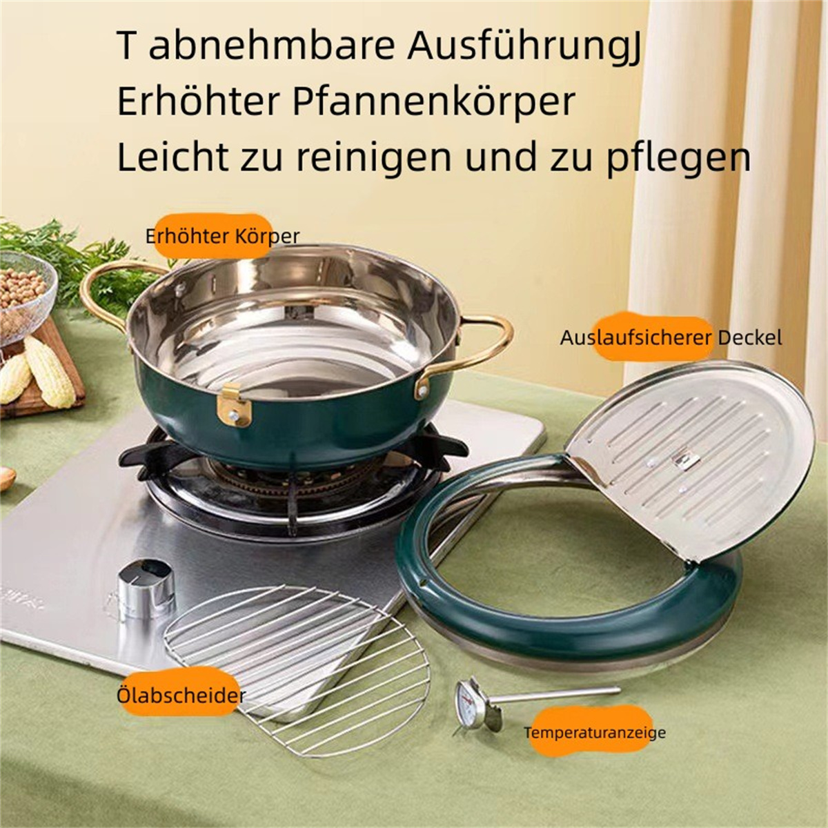 Ein Kochtopf aus Edelstahl mit Zubehör. Er steht auf einem Herd mit Textbeschriftungen.