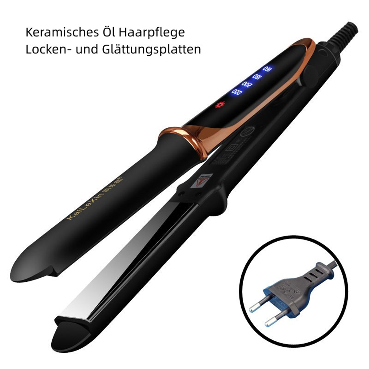 Schwarzes und goldenes Glätteisen mit digitaler Anzeige und Stecker. Text: Keramik-Öl-Haarpflege.