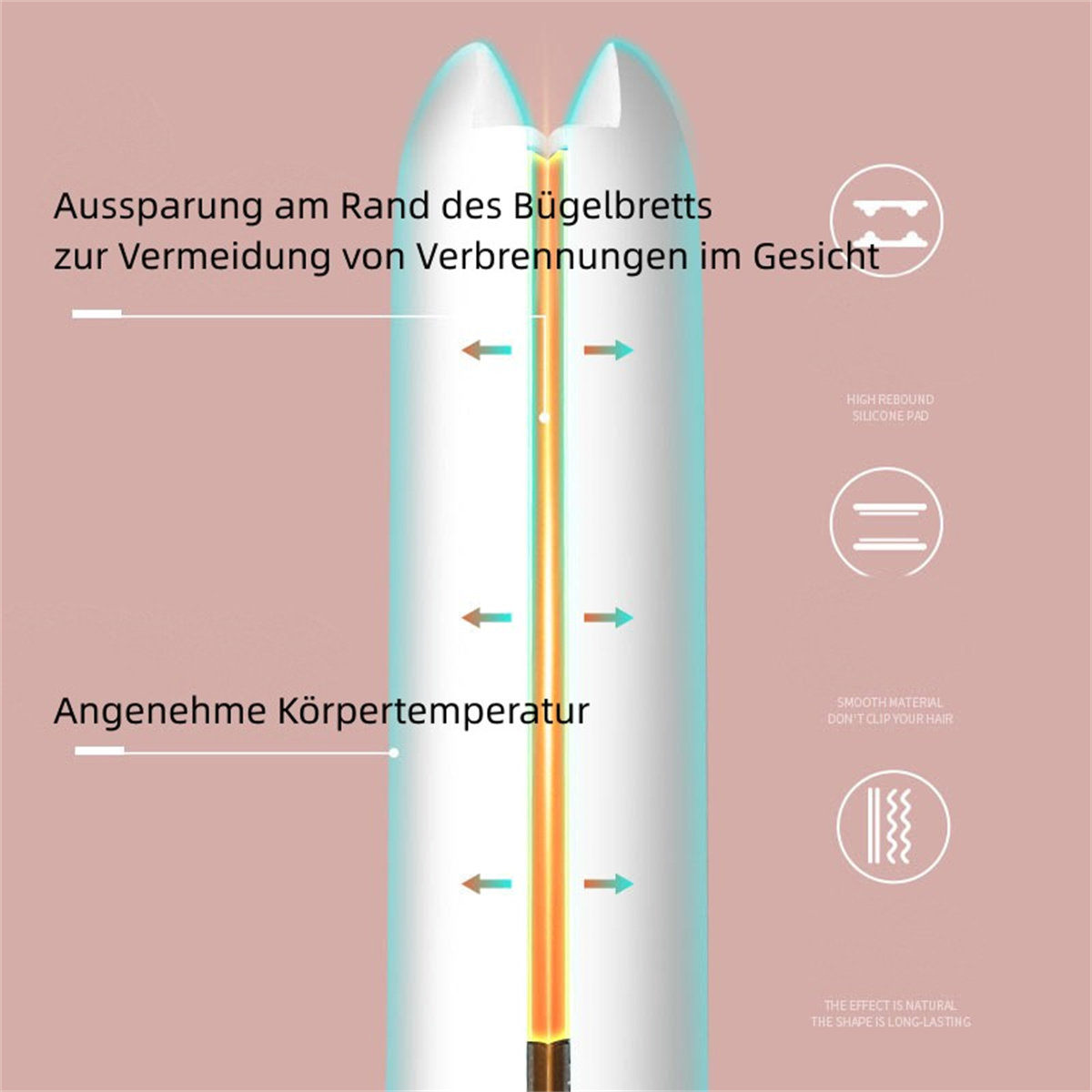 Haarglätter auf rosa Hintergrund. Pfeile und Text: Verbrennungen im Gesicht vermeiden, angenehme Temperatur.