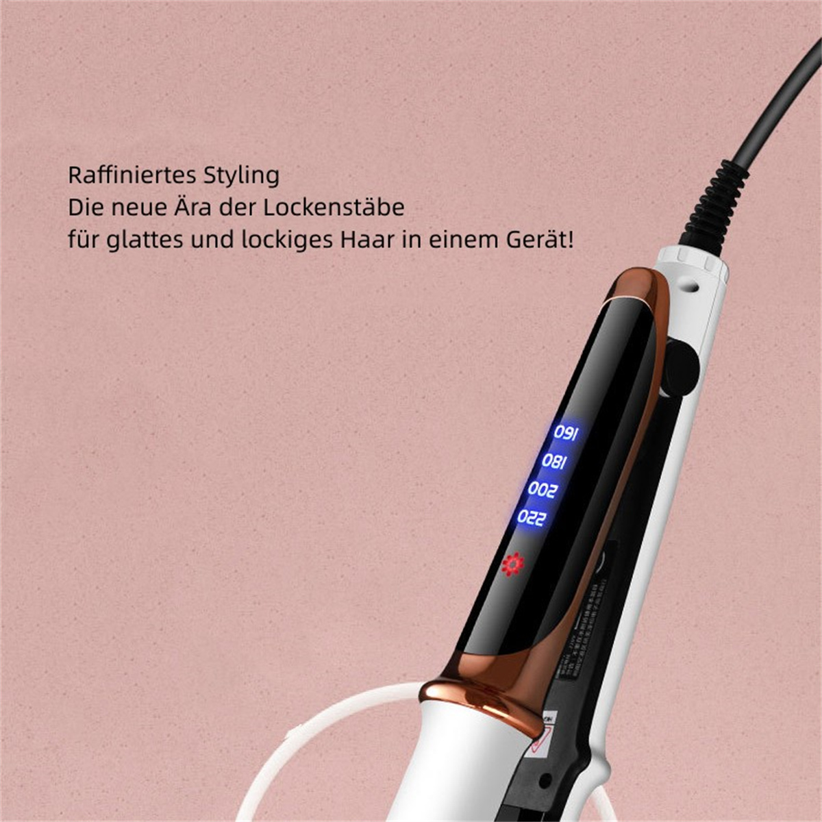 Ein weißes und kupferfarbenes Glätteisen mit digitaler Temperaturanzeige, die verschiedene Einstellungen anzeigt.