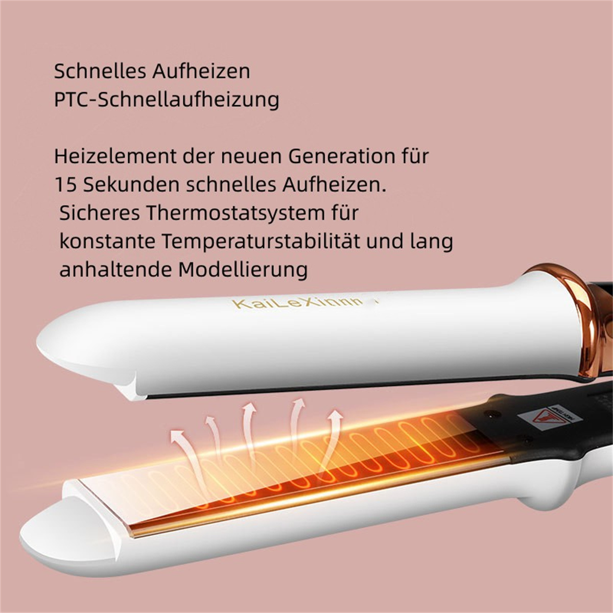 Haarglätter, weiß und goldfarben mit schwarzen Heizelementen und Text über schnelles Aufheizen.
