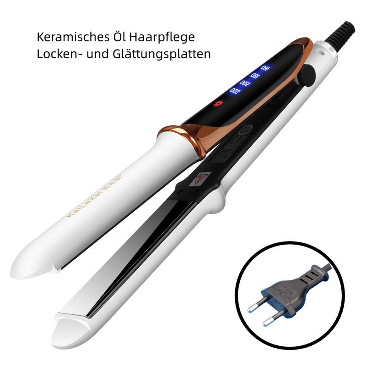 Ein weißes und goldenes Glätteisen. Es hat digitale Temperatureinstellungen und einen Stecker.