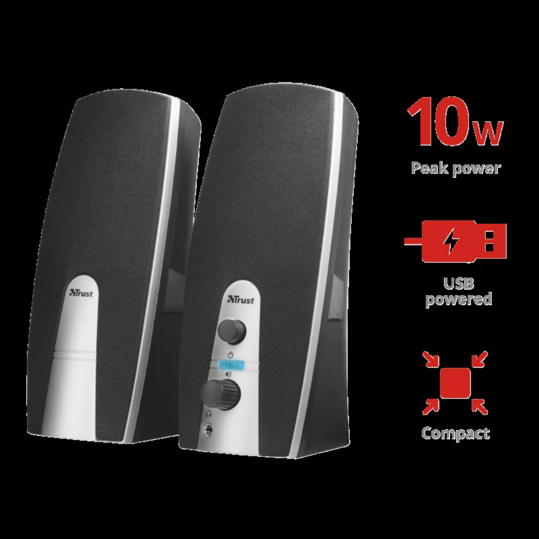 Two black and silver speakers with a USB powered and compact design.