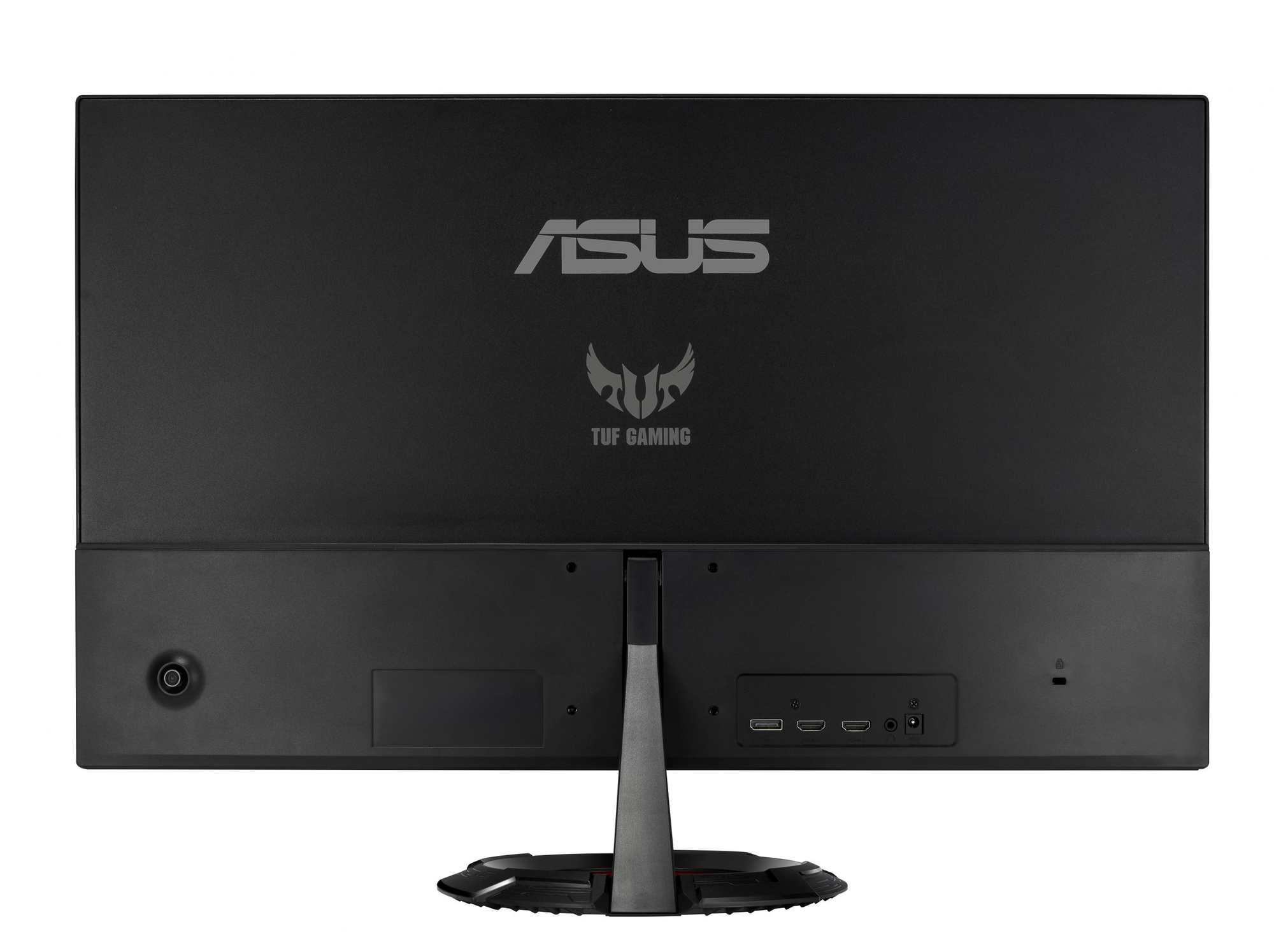 La parte trasera de un monitor ASUS negro con soporte. Fondo blanco.