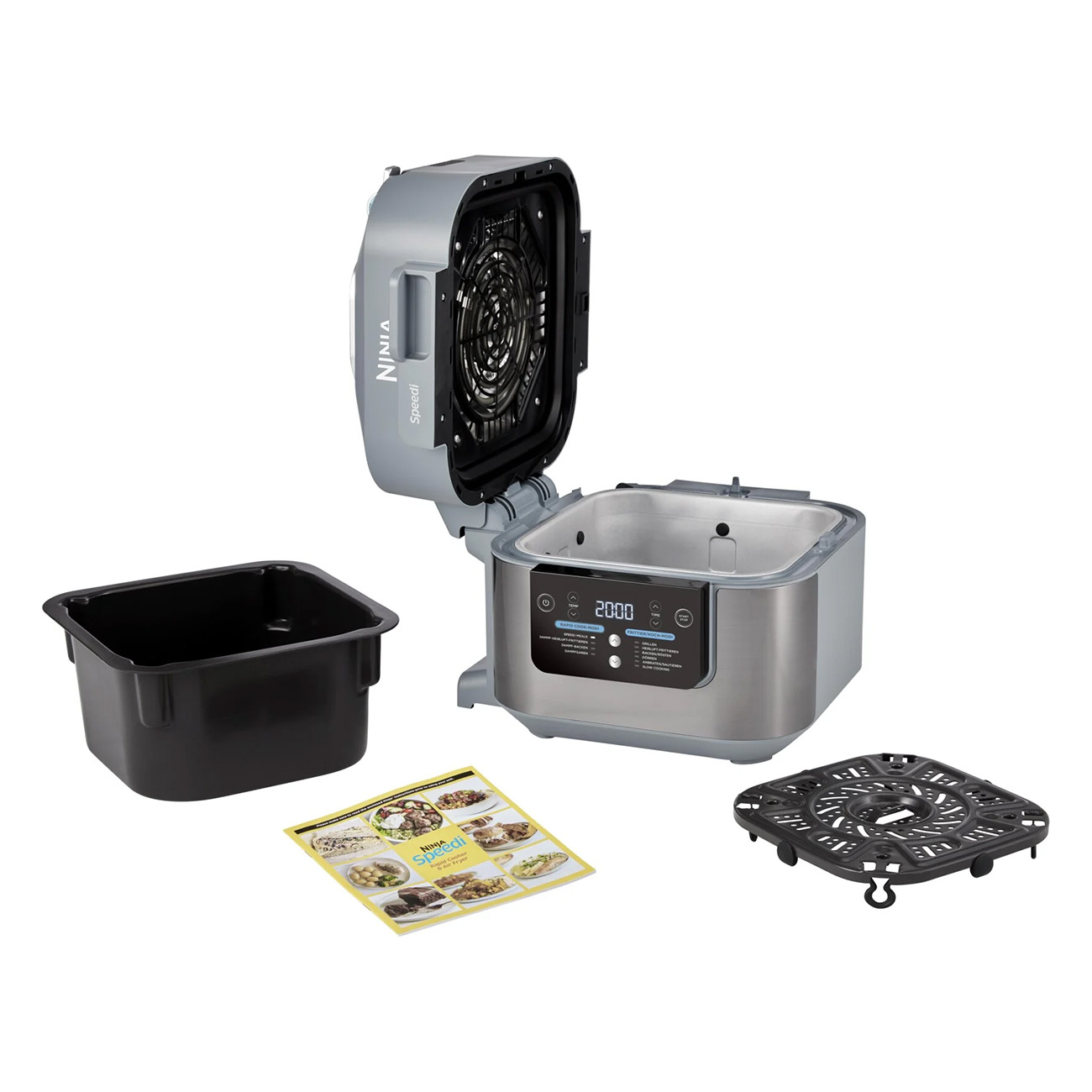 Frytkownica powietrzna z jej komponentami: koszem, tacą i książeczką z przepisami.