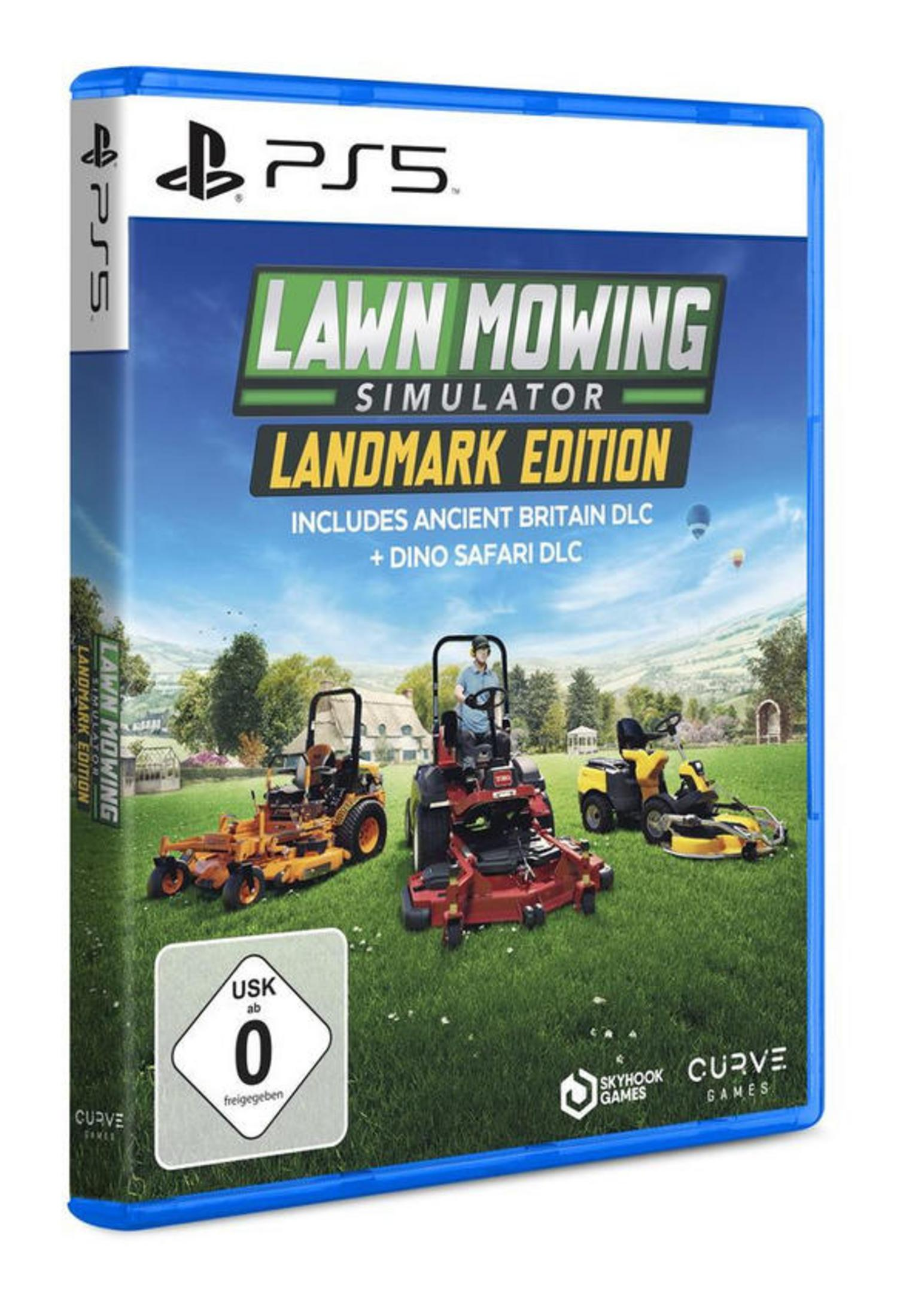 Eine PS5-Spielhülle für 'Lawn Mowing Simulator: Landmark Edition' mit Rasenmähern auf Gras.