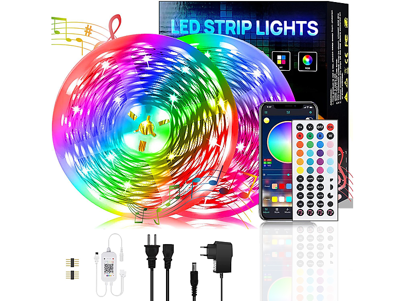 LAMON 20M RGB, Bluetooth App-gesteuert, Fernbedienung mit LED-Streifen
