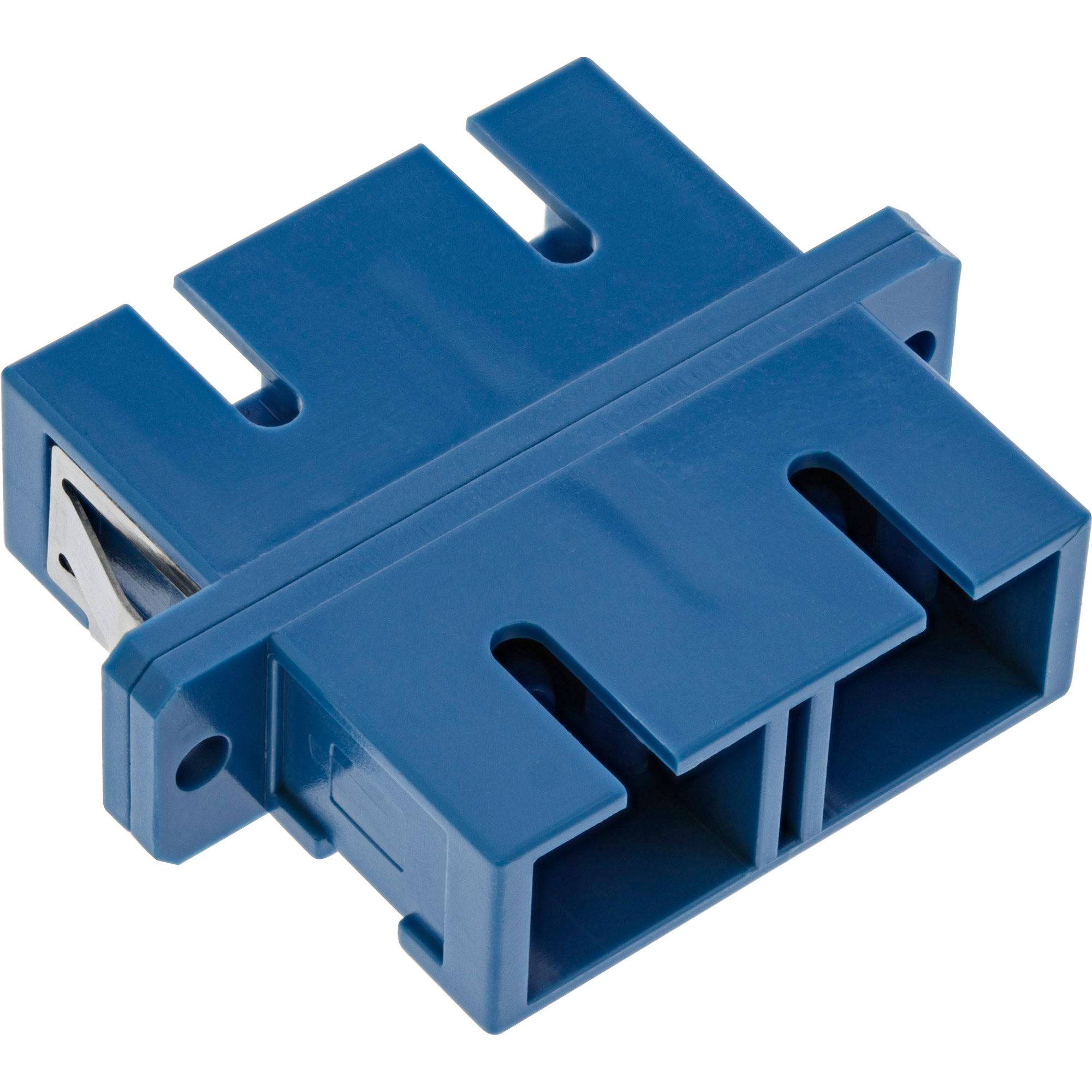 Blauer Kunststoff-Glasfaseradapter mit Metallkern und mehreren Steckplätzen für Kabelanschlüsse.