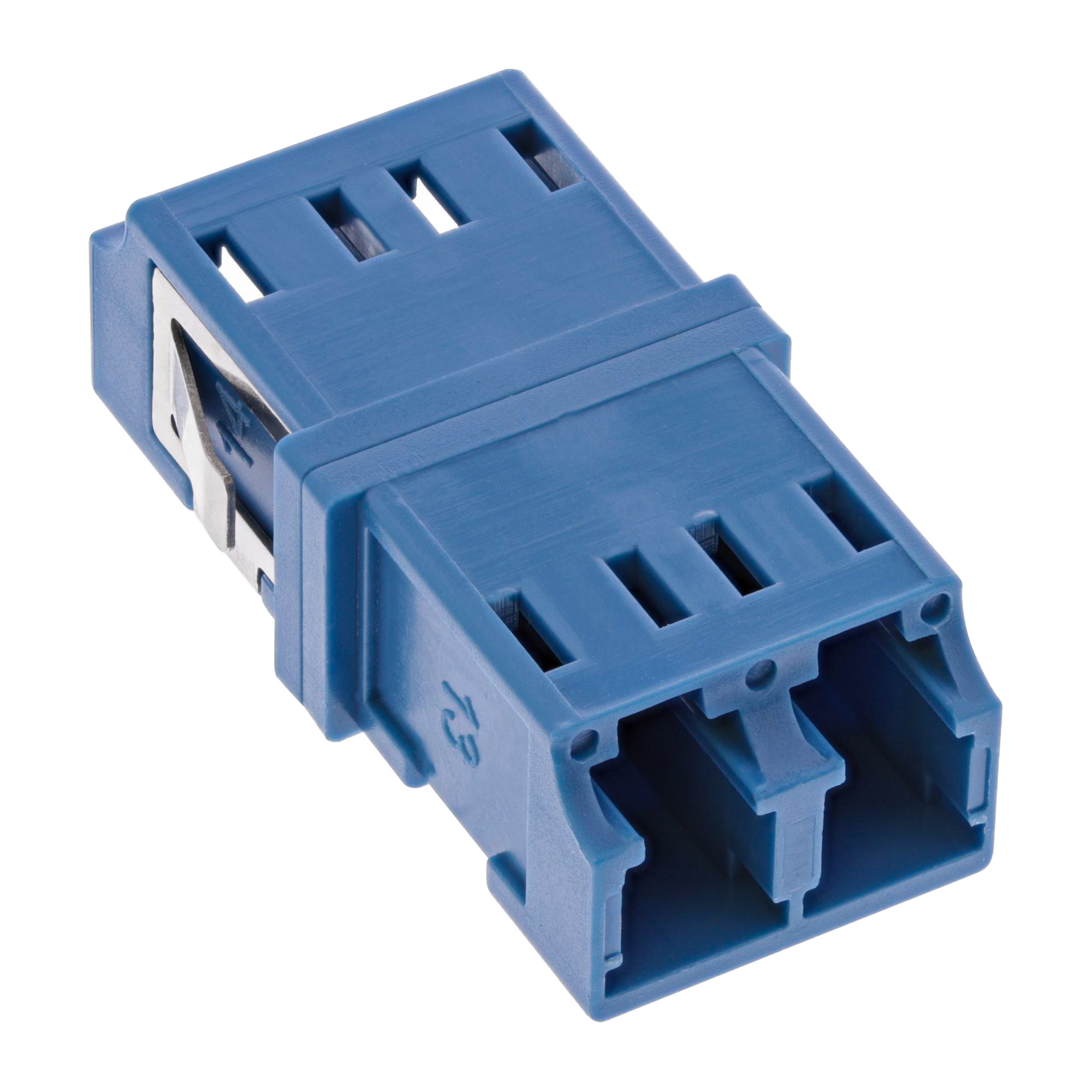 Blauer Stecker. Rechteckige Form mit Schlitzen und Stiften. Draufsicht.