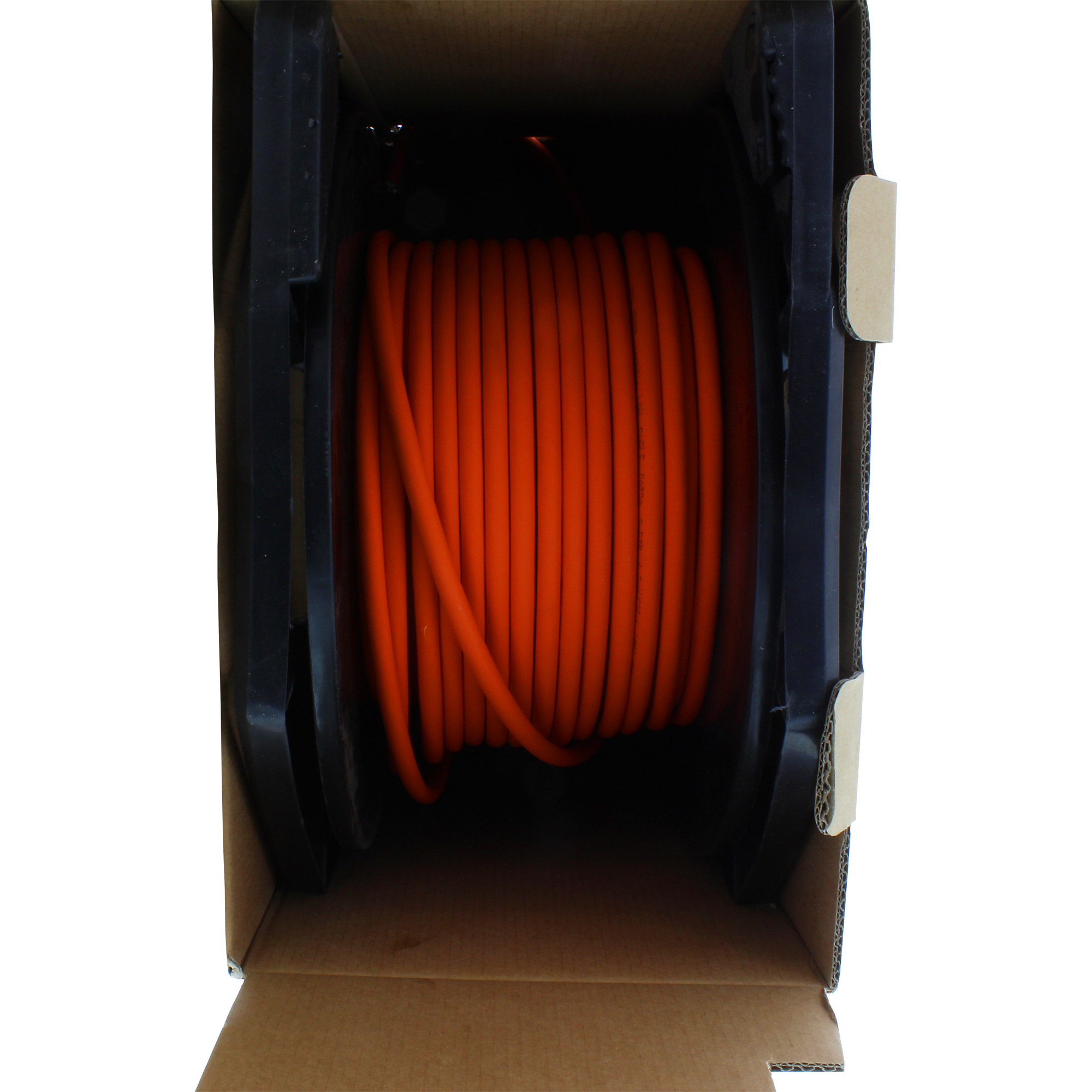 Oranje kabel opgerold in een zwarte doos.