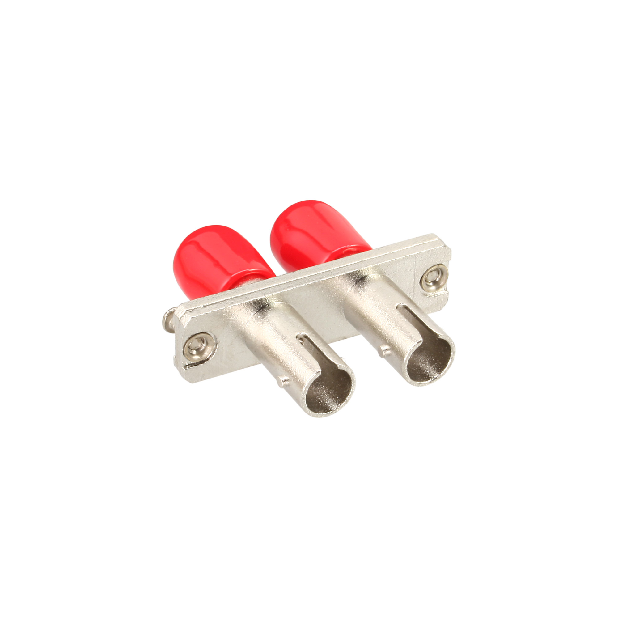 Zwei silberne Stecker mit roten Kappen auf weißem Hintergrund.