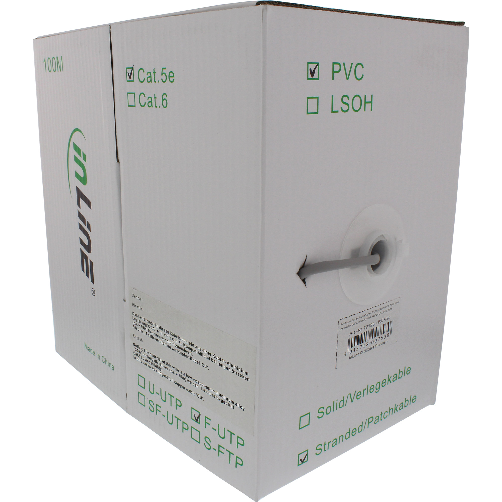 Eine Box mit 100 m Netzwerkkabel, mit Logos und Text zu Kabeltypen, einschließlich Cat.5e und Cat.6.