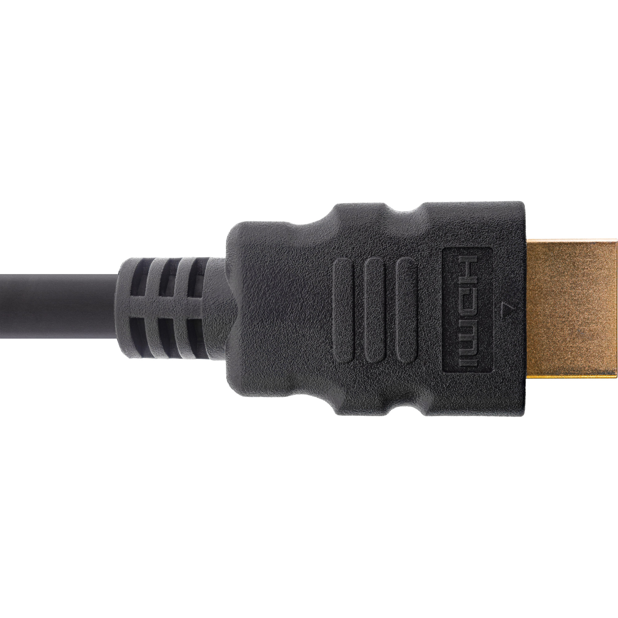 HDMI-Kabel, schwarz mit schwarzem Stecker, auf weißem Hintergrund. Der Stecker hat ein HDMI-Etikett.