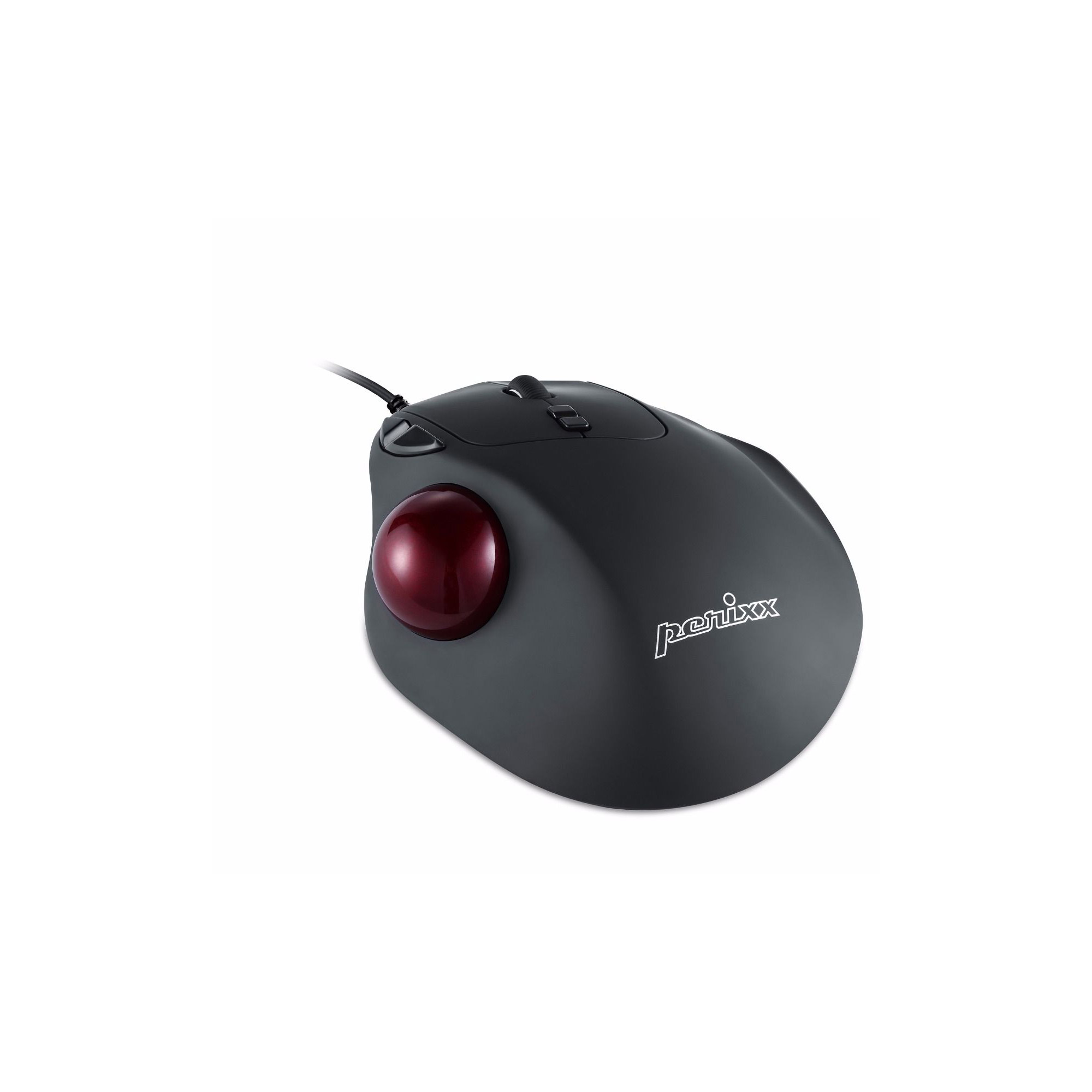 Schwarze ergonomische Trackball-Maus mit rotem Trackball und Kabel.
