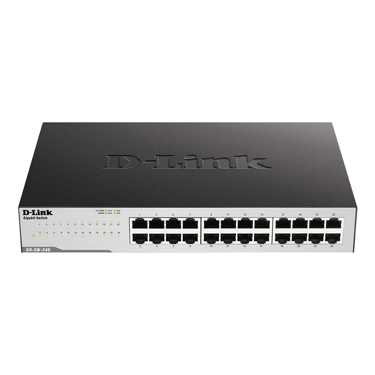 Switch di rete D-Link nero con 24 porte. Pannello frontale argentato. Sfondo bianco, vista dall'alto.