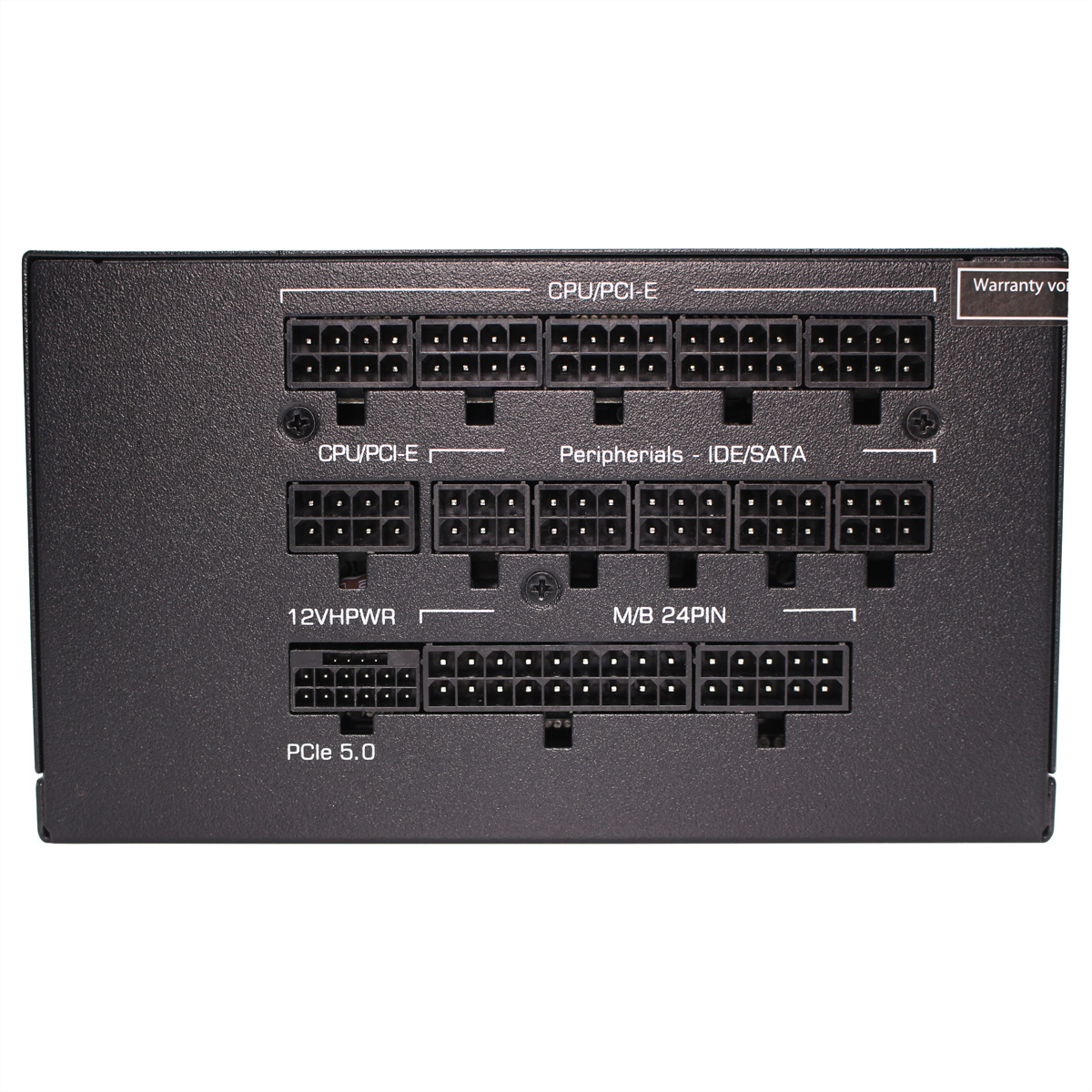 Tył czarnego zasilacza komputerowego z wieloma portami i etykietami.