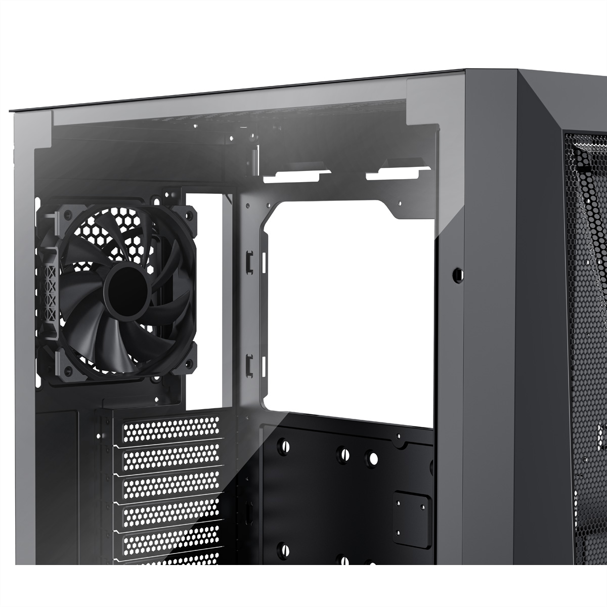 A computer case with a transparent side panel and a black fan inside.