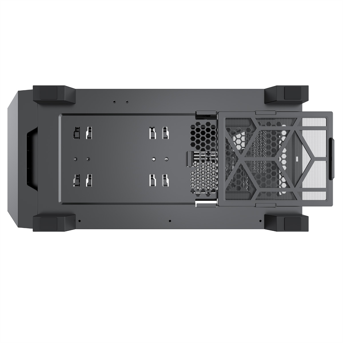 Computer case, top view. Features a mesh panel and various openings.