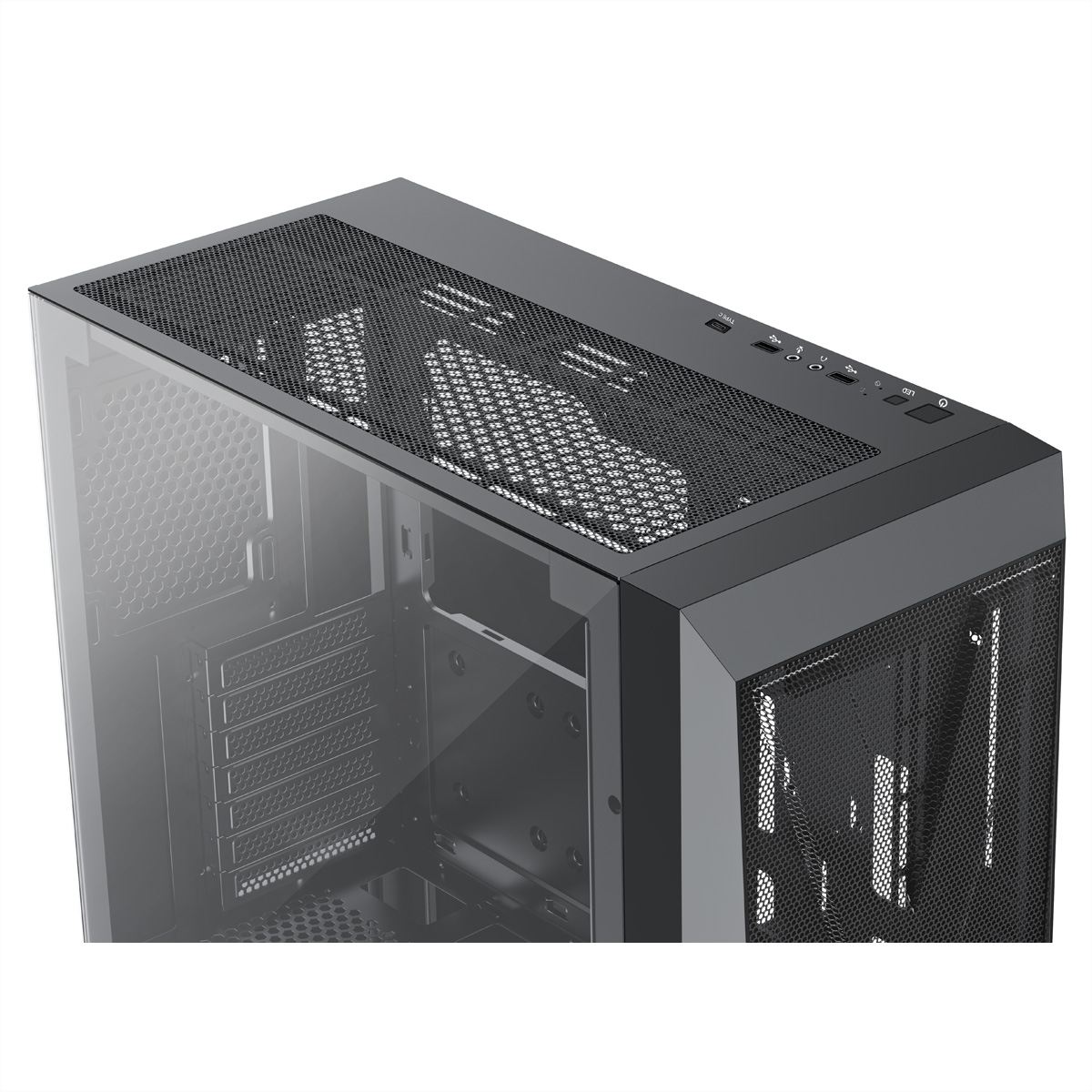 Black computer case with a glass side panel. The top has a mesh and control buttons.