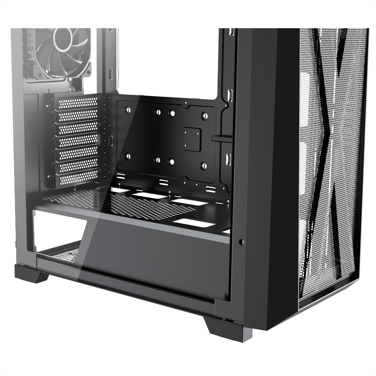 Close-up of a black computer case with a clear side panel, showing components.