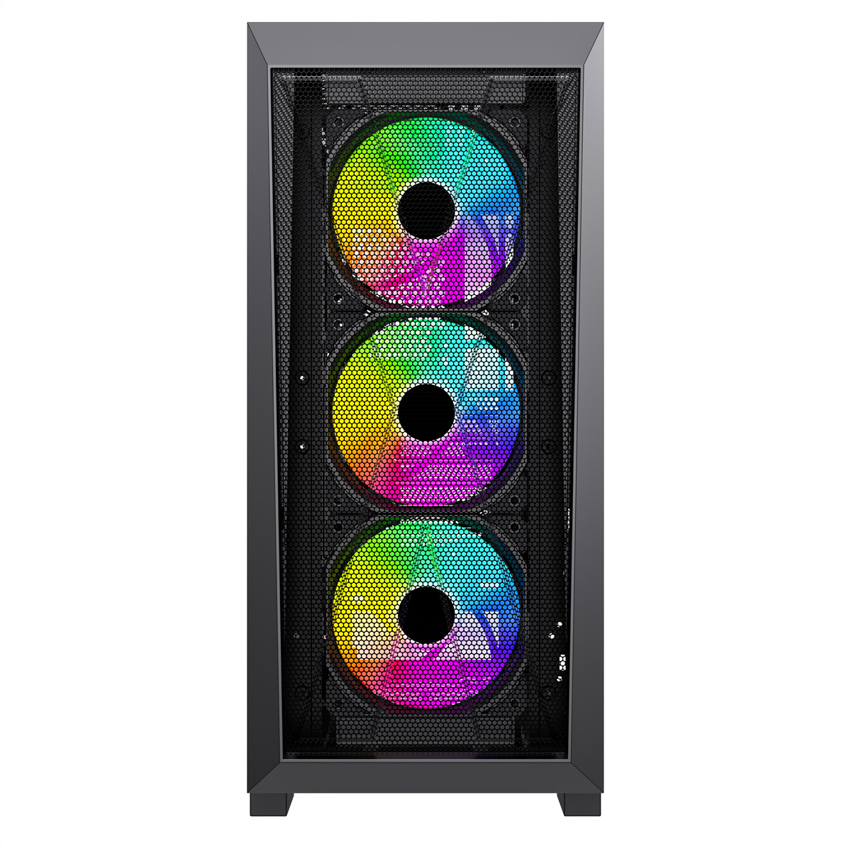 A computer case with three colorful fans. The case is black with a mesh front.