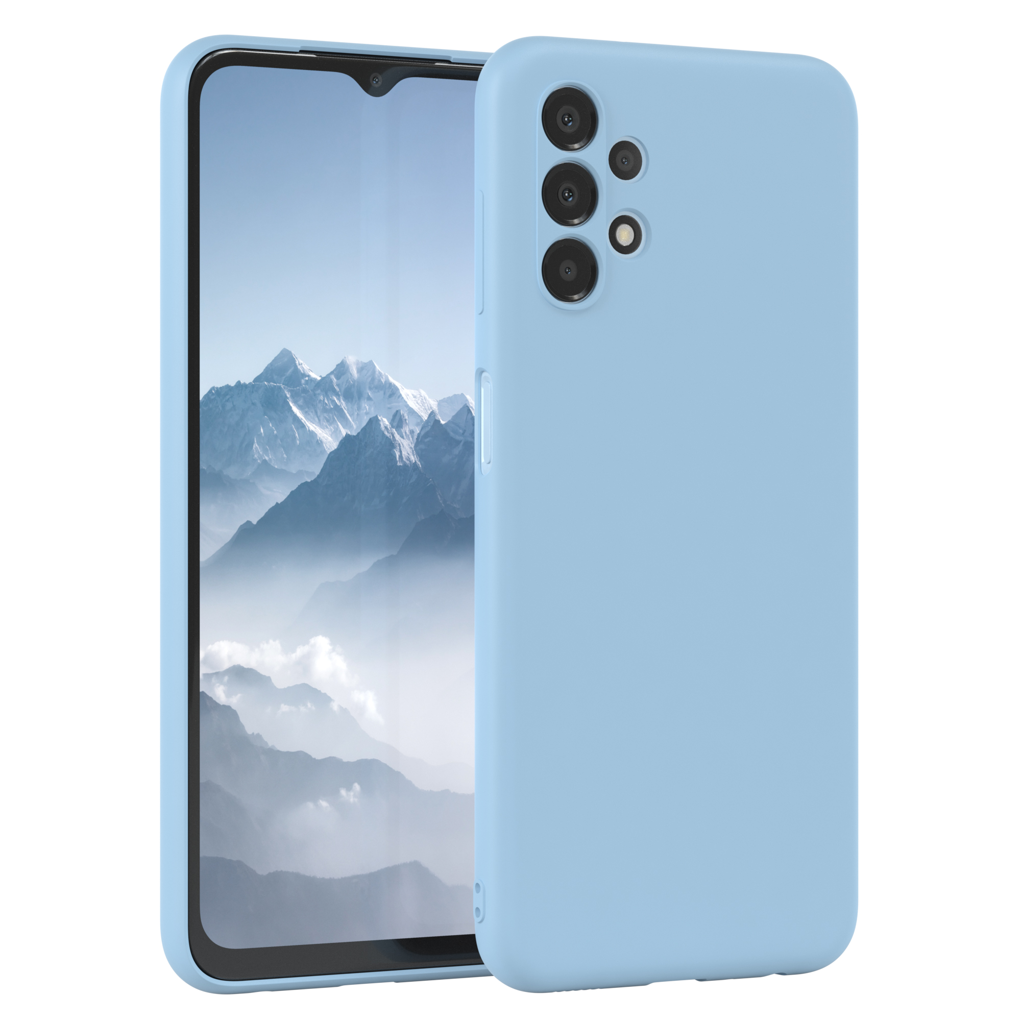 Ein hellblaues Telefon in einer Hülle, teilweise sichtbar. Das Telefon zeigt eine Berglandschaft.