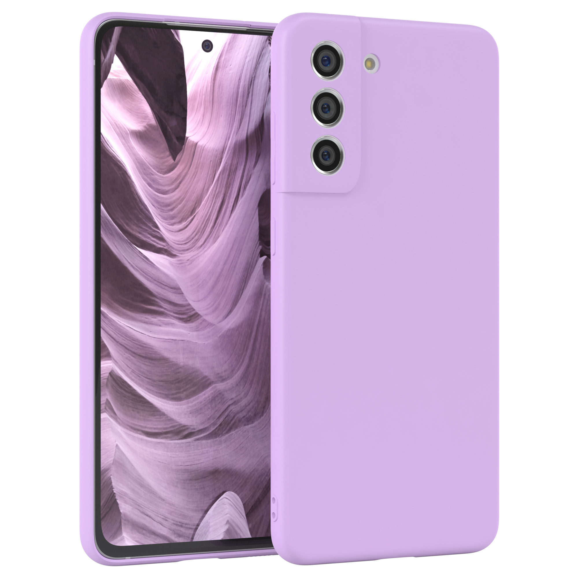 Ein lila Telefon in einer passenden Hülle. Das Telefon hat einen Bildschirm, die Hülle bedeckt die Rückseite.