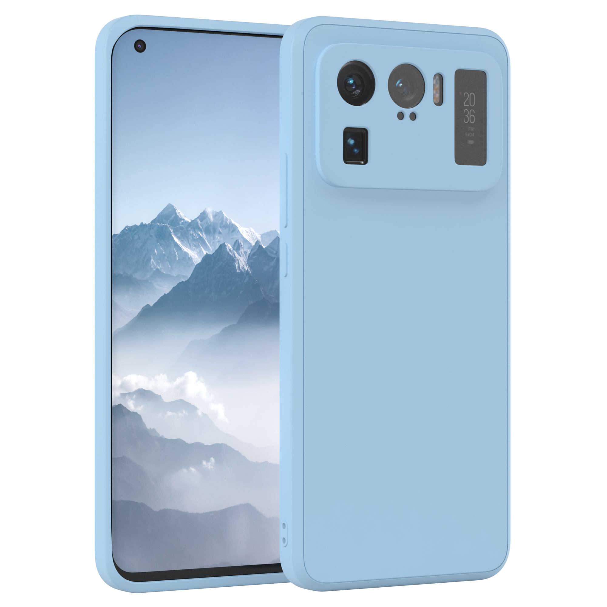 Hellblaue Handyhülle mit Telefon. Das Telefon hat eine Kamera auf der Rückseite.