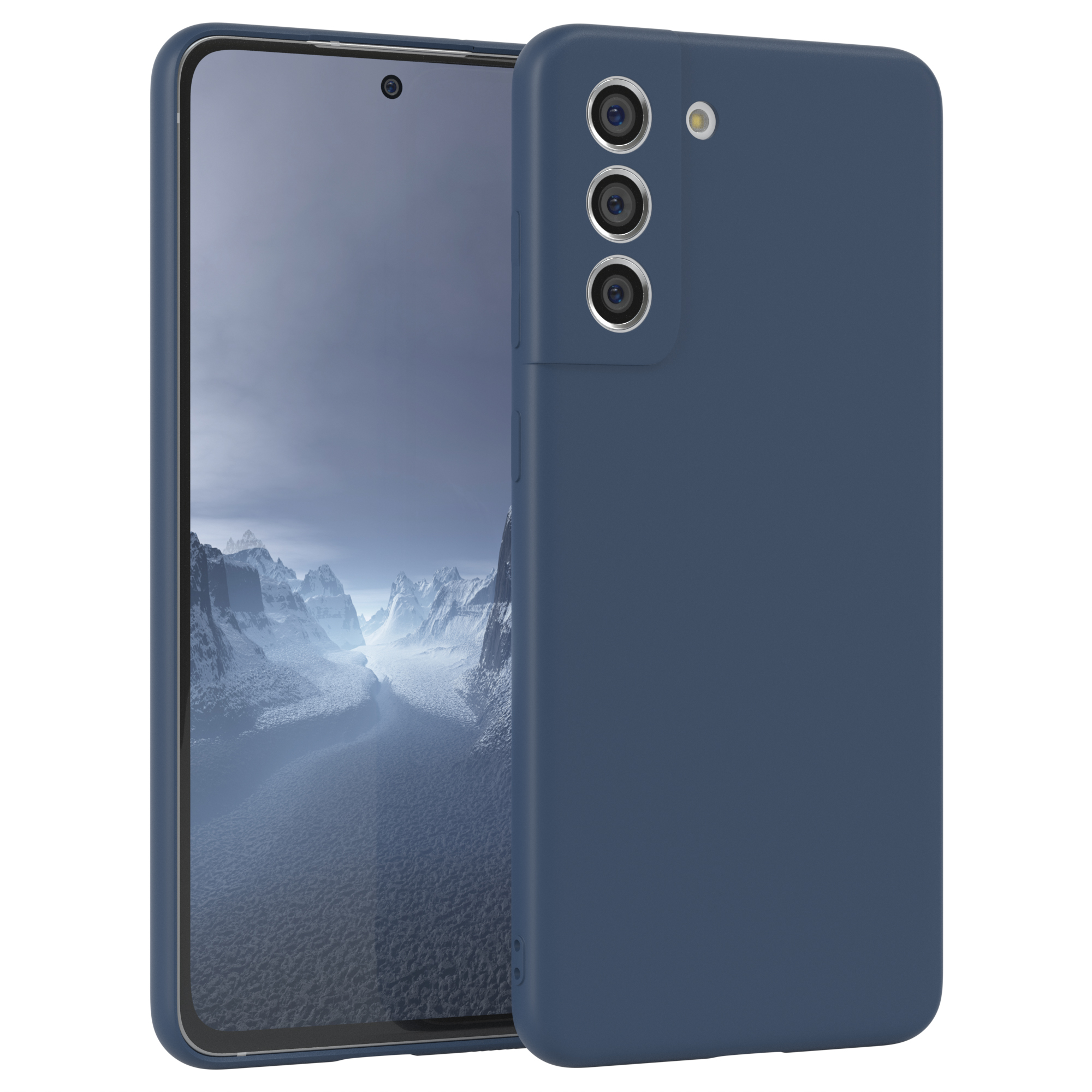 Marineblaue Handyhülle, ein Telefon mit Bildschirm und ein schlichter blauer Hintergrund.