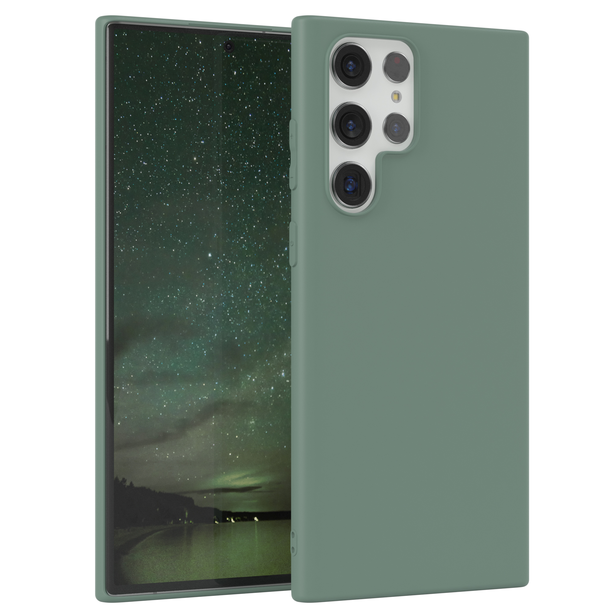 Ein grünes Telefon in einer Hülle, mit Berglandschaft auf dem Bildschirm. Das Telefon hat Kameras.